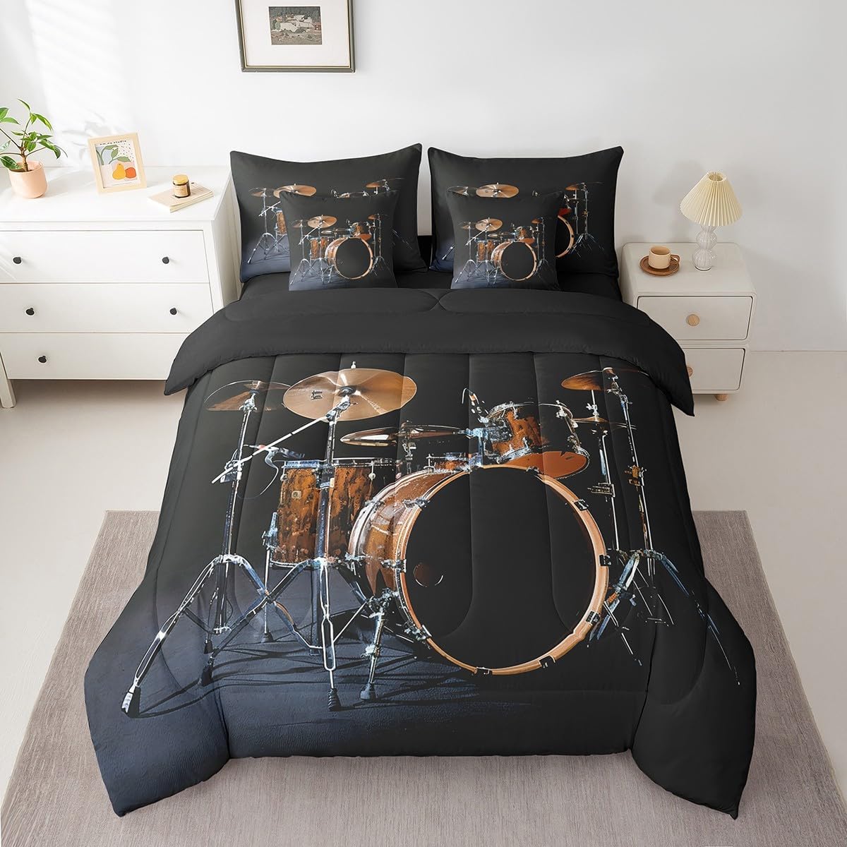 Erosebridal 3D Drum Bedding Sets, Musical Instrument Comforter Set 7-Piece Twin Size, Rock Roll Music Bed in a Bag for Kids Teens, Abstract Vintage Bed Sheets Set