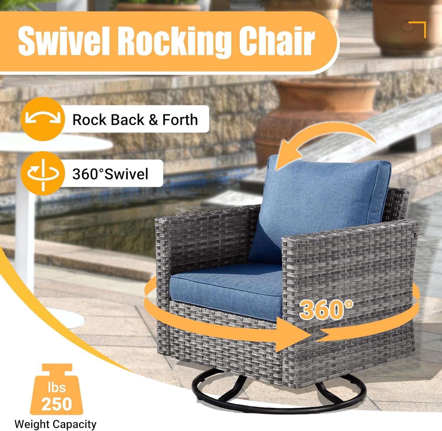 Weaxty 8 piece outdoor patio furniture set，Wicker Outdoor sectional Furniture with 42-inch Fire pit Table, Rocking Swivel Chairs, Coffee Table for Garden, Patio(Denim Blue)