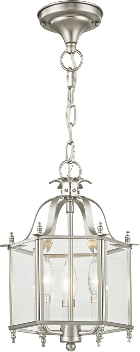Livex Lighting 4403-91 Home Basics 3 Light Brushed Nickel Hanging Lantern or Flush Mount Chandelier with Clear Beveled Glass