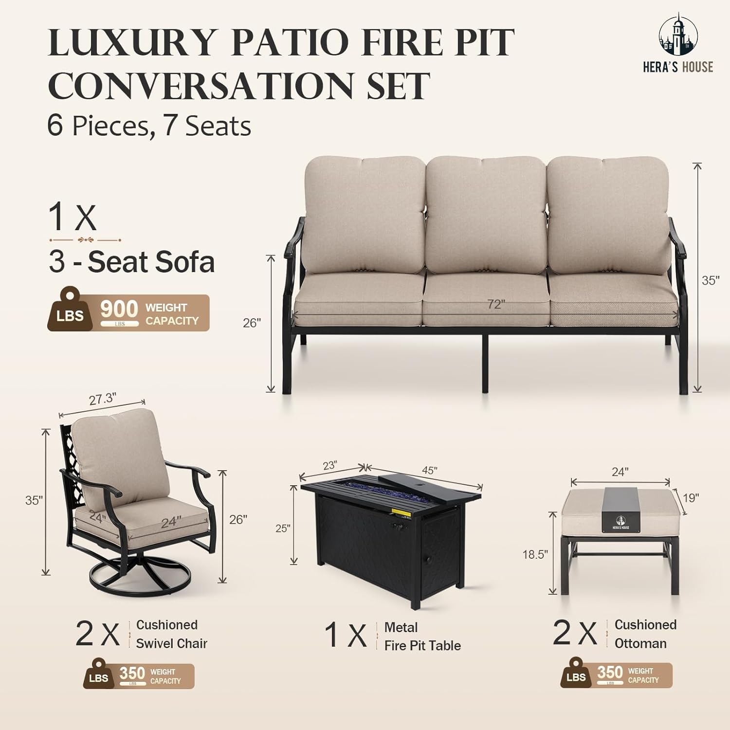 HERA'S HOUSE 6 Pieces Patio Furniture Set with Fire Pit Table, 2 x Swivel Chair, 2 x Ottoman, 3-Seat Sofa with 45