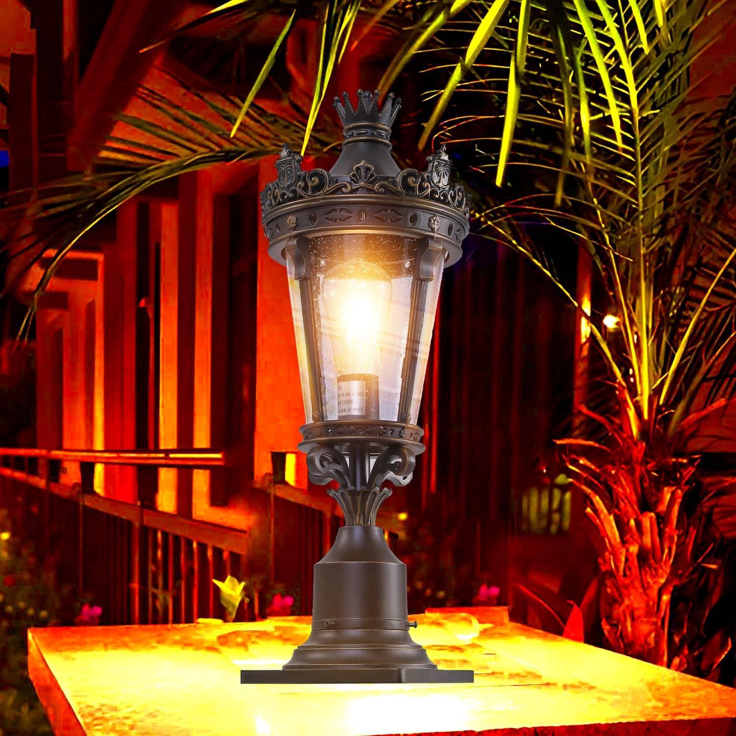 21.7 Inch Vintage Outdoor Post Light in European Court Style with Clear Seeded Glass Panels Shade, Black Pier Mount Outdoor Lighting for Porch Garden Garage Corded Electric Hardwired Lantern