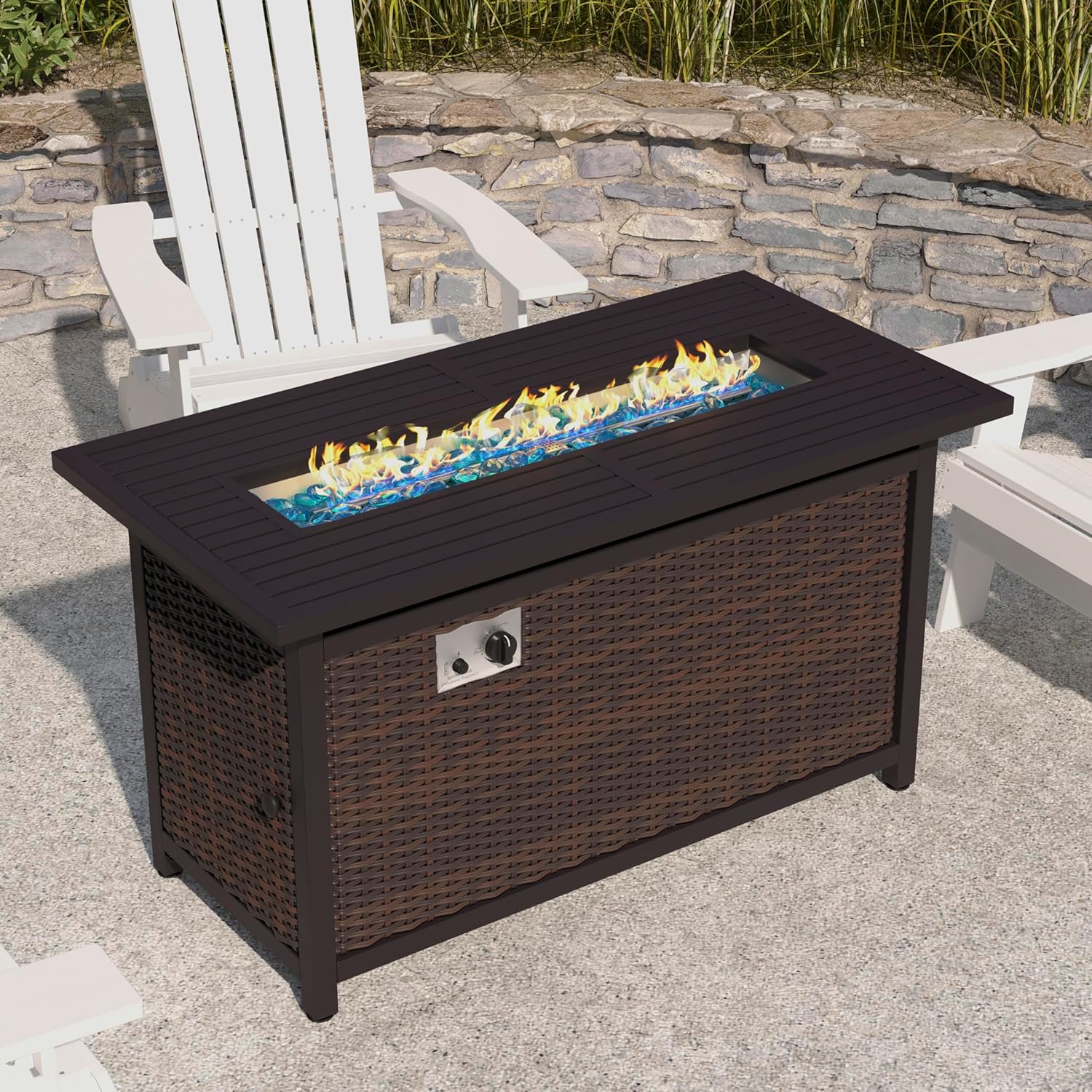 BizChair 50,000 BTU Outdoor Propane Fire Pit Table - Black Stainless Steel Tabletop and Espresso Wicker Base - 45