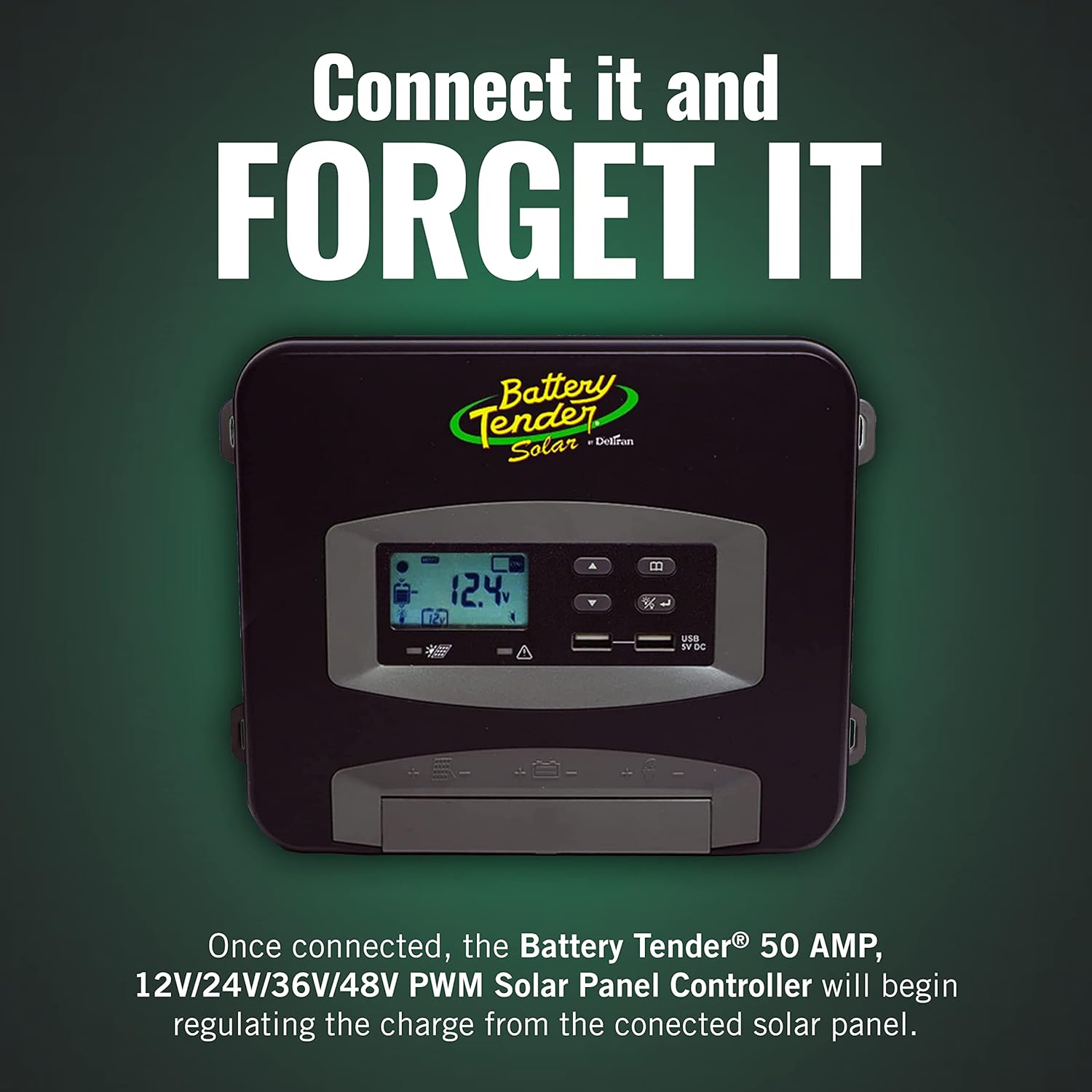 Battery Tender 50 AMP Solar Panel Controller - 12V / 24V / 36V / 48V PWM - Dual USB Port and LCD Status Indiscator Screen - Suitable for Lead Acid, AGM, Gel, and 12 Volt Lithium Batteries - 021-1177