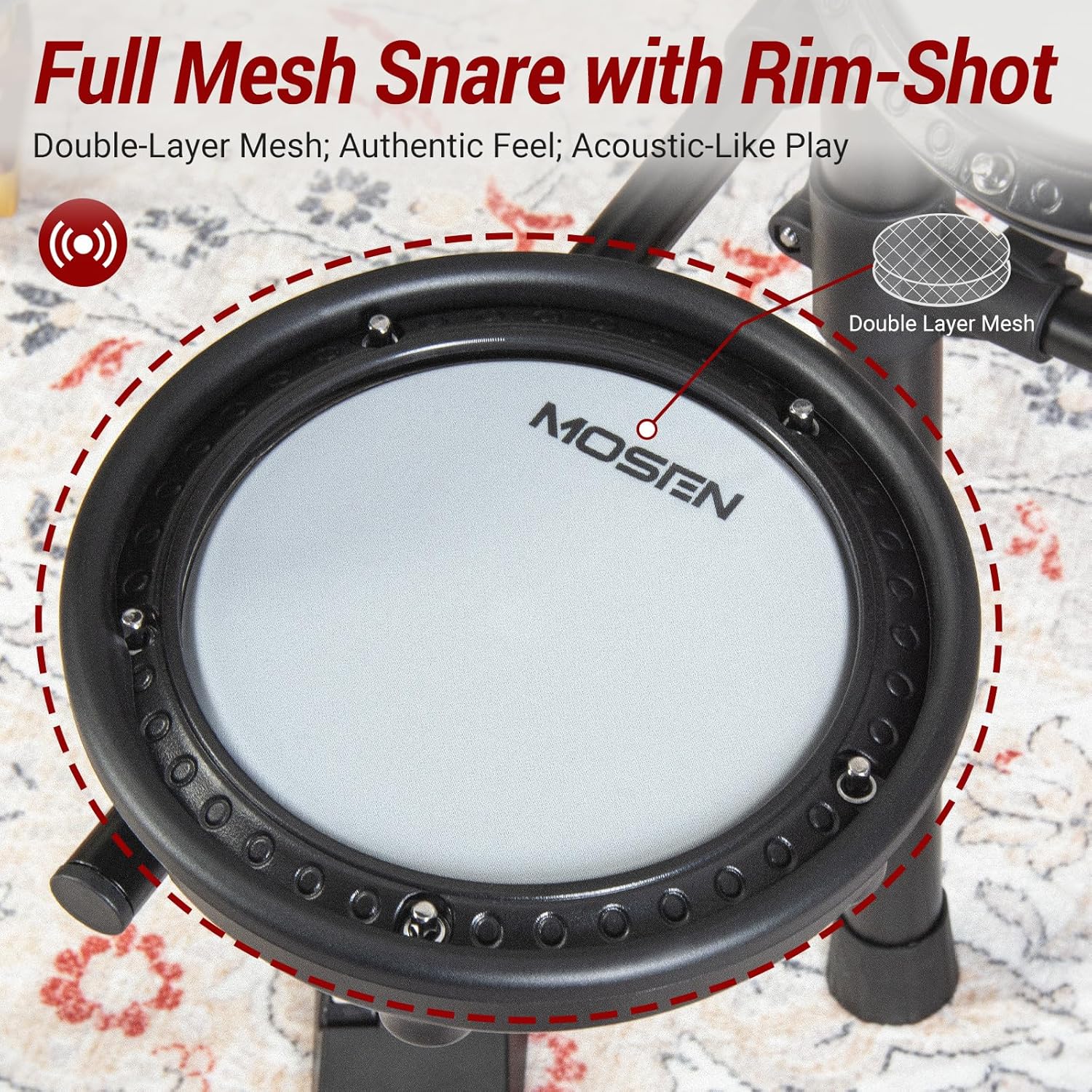 MOSEN Electric Drum Set with 4 Quiet Mesh Drum Pads, Cymbals, Sticks, Headphones, USB MIDI, Kick Pedal, 195+ Sounds and 25 Drum Kits for Beginner MED-X3