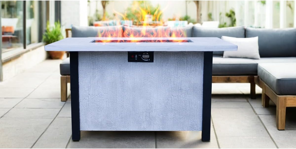 44-inch Rectangle Propane Fire Pit Table, 50,000 BTU Outdoor Patio Heater with Charcoal Grain Texture & Cover, Black & White CSA Certified Gas Fire Pit for Garden