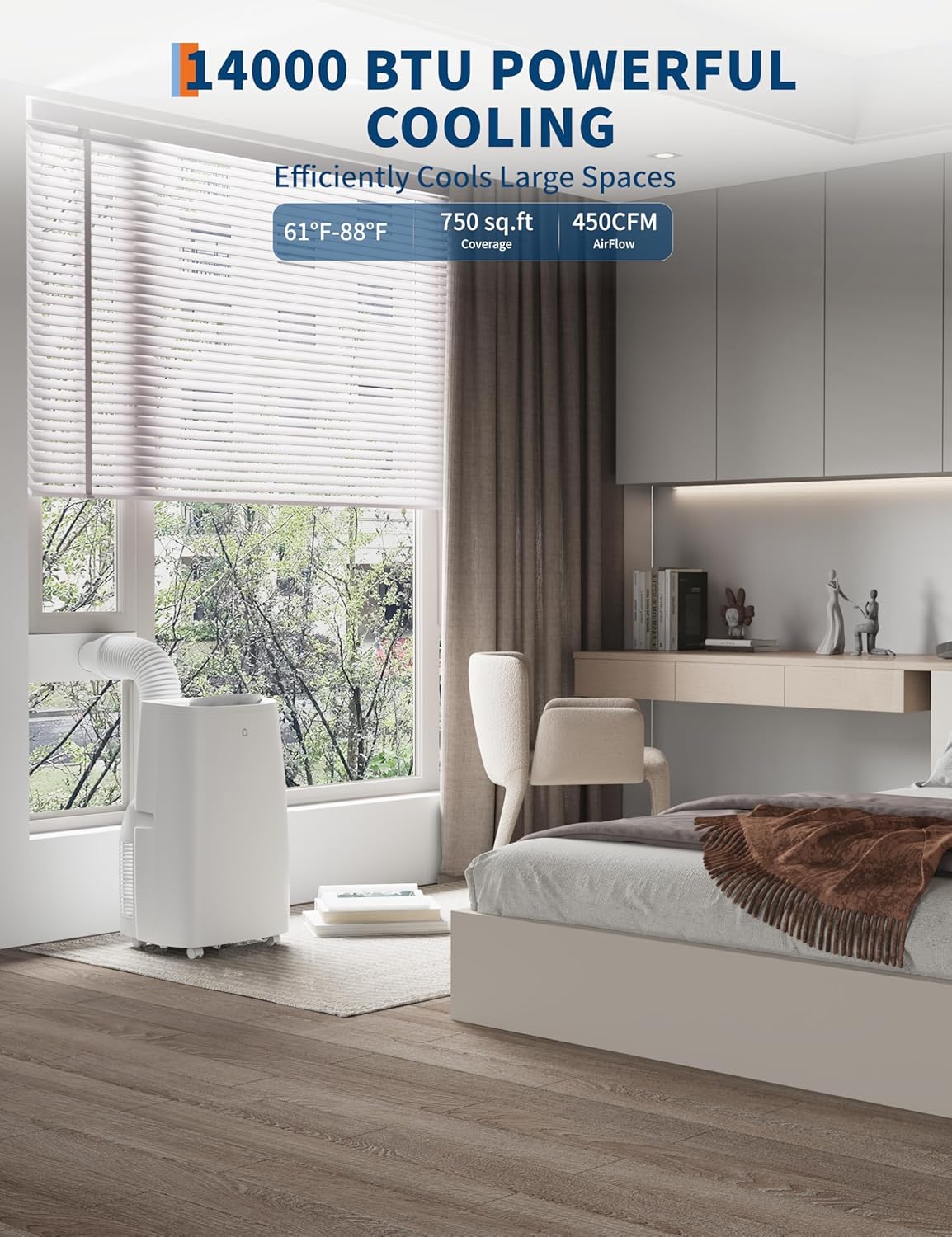 14,000 BTU Portable Air Conditioner with Dehumidifier & Fan, Portable AC Unit Cools Up To 750 Sq. Ft., Quite Operation Room Air Conditioner, Auto Evaporation System, Remote, Windows Kit, White