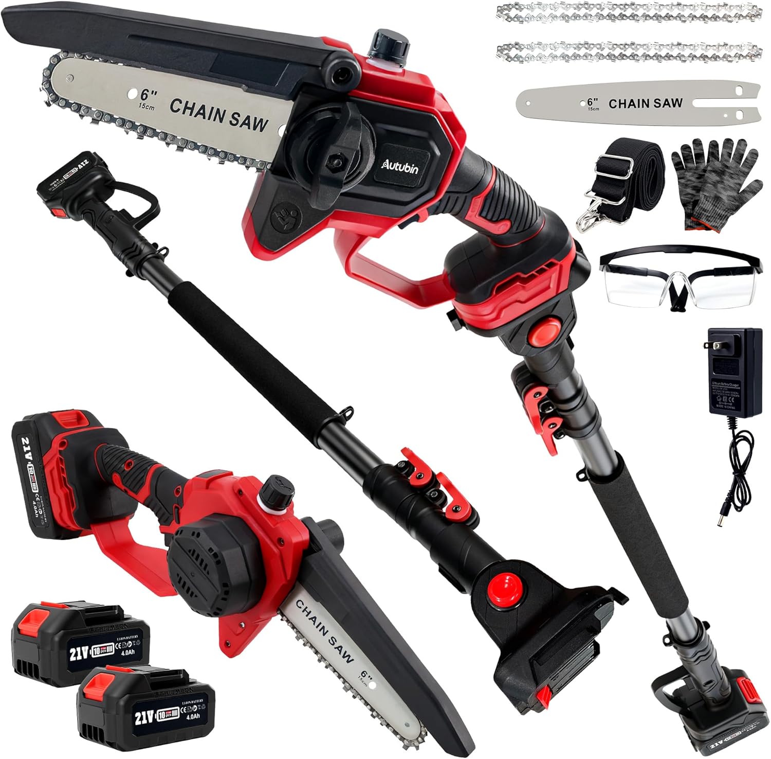 6'' Cordless Mini Chainsaw with Extension Pole, Battery Powered Electric Pole Saw, Brushless Motor, Dual 4000mAh Battery, 16 FT Max Reach, Ideal for Trimming Hard-to-Reach Branches
