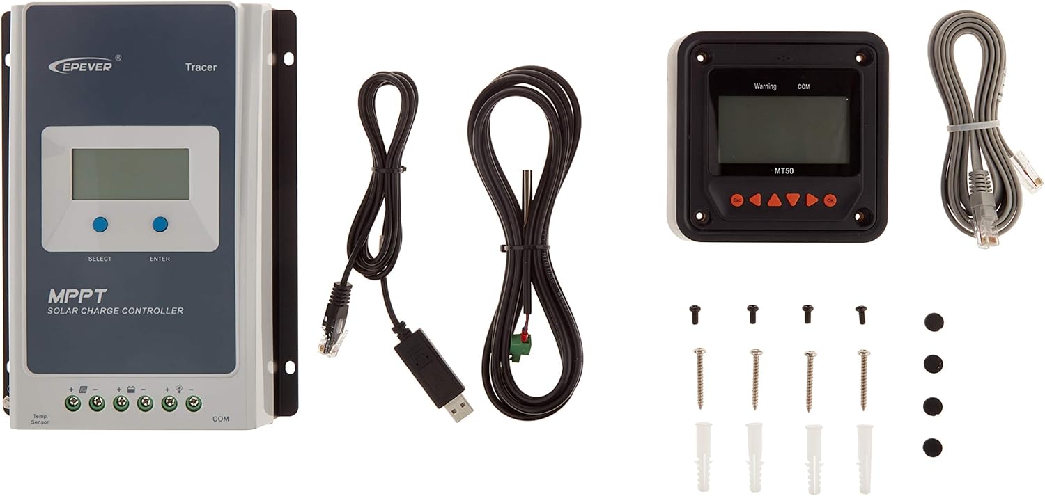 EPEVER MPPT Solar Charge Controller 30A 100V PV 3210AN Negative Ground with MT50 Remote Meter Temperature Sensor PC Communication Adapter