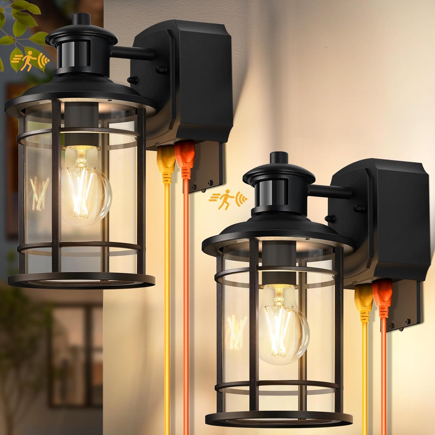 2 Pack Porch Lights with GFCI Outlet, Dusk to Dawn Motion Sensor Outdoor Lights, 3 Lighting Modes Waterproof Anti-Rust Alunmium Outside Porch Wall Light, Exterior Light Fixture for Garage Front Door