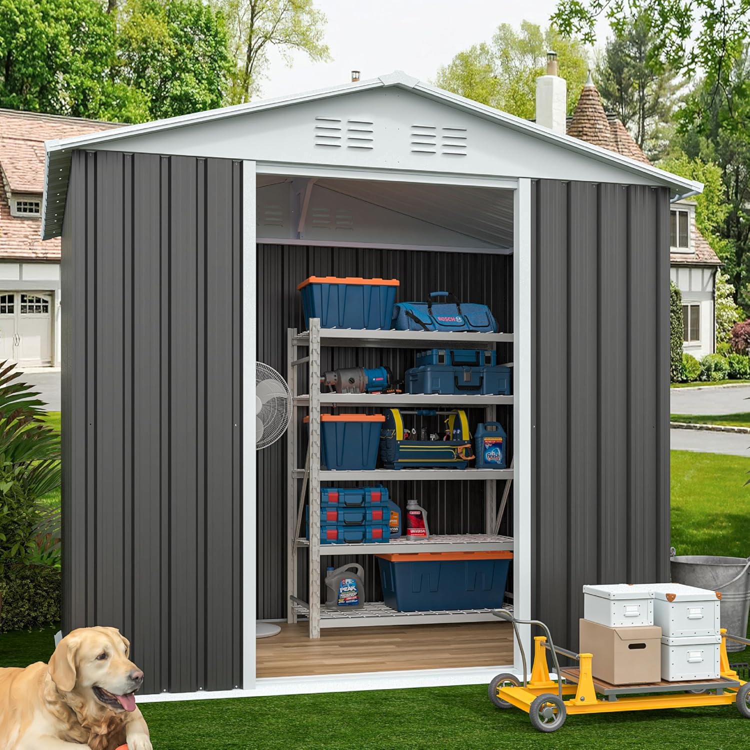 KEIKI 6X 4 FT Metal Storage Shed Outdoor, Small Garden Shed with Roof & Lockable Door, Utility Tool Sheds Frame for Patio Backyard Bicycles Storage House, All Weather Use, Dark Grey