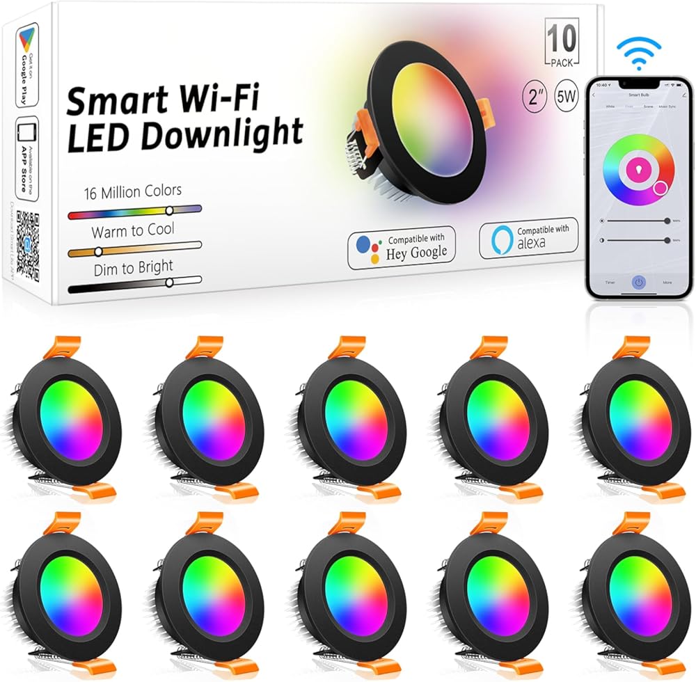 inShareplus 2 Inch Smart Recessed Lighting 10 Pack, 5W WiFi RGB LED Downlight 2700-6500K Dimmable, Color Changing, Black Trim, Alexa Google Compatible, with LED Driver, 120V Ceiling Lights