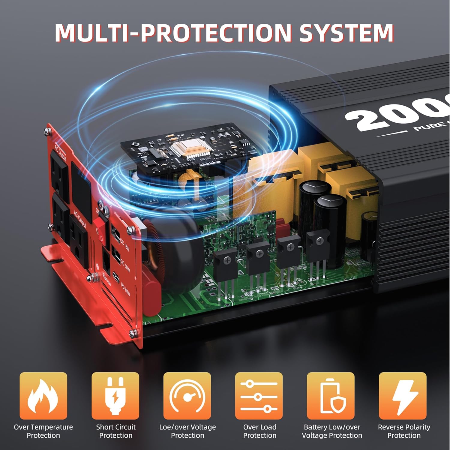 2000W Pure Sine Wave Inverter, Car Power Inverter 12V to 120V AC Converter for RV, Truck, Solar, Outdoor with Dual AC and 20A Socket, 18W+30W USB, PD60W, Surge 4000W, Remote Control(2000W-12V)