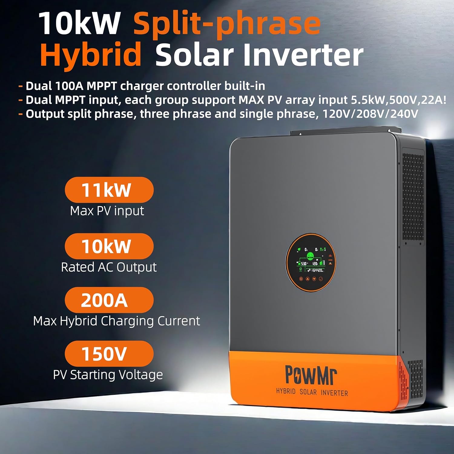 PowMr 10000W Hybrid Solar Inverter, 48V DC to 110V/240V AC Split Phase Inverter with 200A MPPT Controller, Max PV Input 11KW, 500VDC, for Lead Acid Lithium Battery