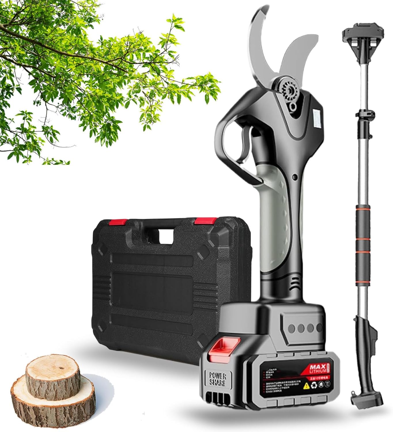 Cordless Pruning Shears with 2.1m High Reach Extension Poles,professional electric pruning scissors,21V/4500mAh Lithium Battery, Titanium Plated SK5 Blades, 78mm Cutting Diameter,2Battery