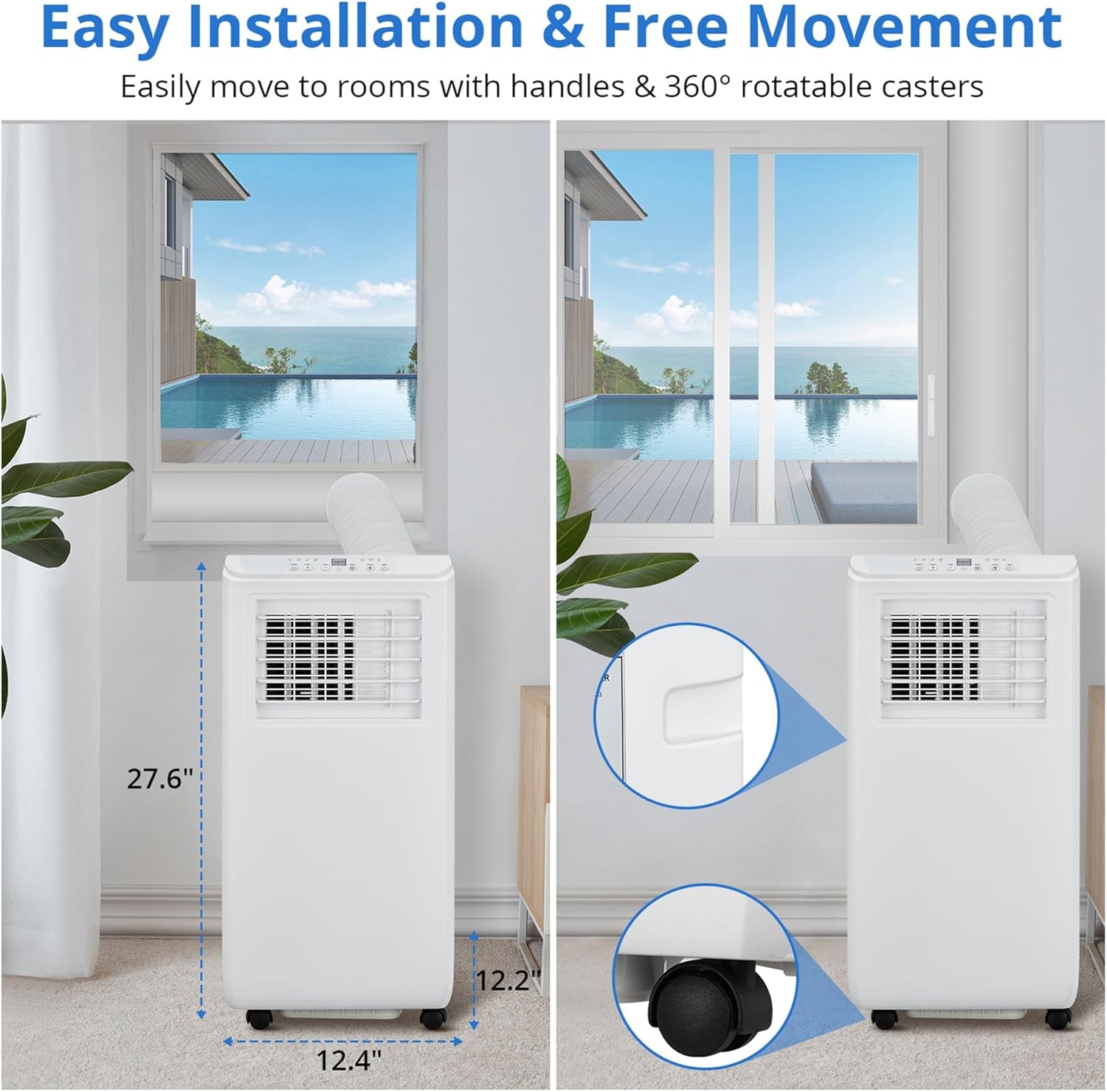 8000 BTUs (ASHRAE) / 5000 BTUs (SACC) Portable Air Conditioner – Quiet Indoor AC with Cooling, 2-Speed Fan, 39 Pints/Day Dehumidification, Timer, Remote Control, for Rooms Up to 350 Sq.Ft.