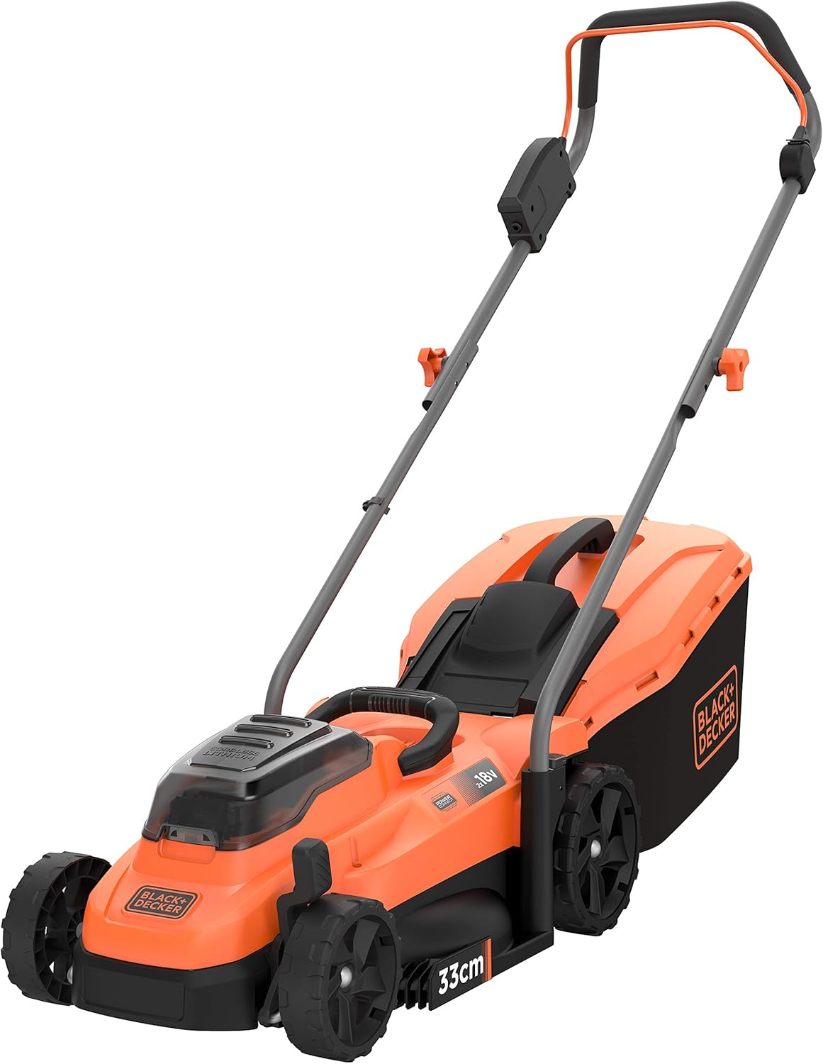 BLACK+DECKER 18 V Battery Lawn Mower (36 V with Two 18 V 2.5 Ah Batteries Supplied) - 33 cm Bull - Adjustable Cutting Height - Basket 35 Litres BCMW3318L2-QW