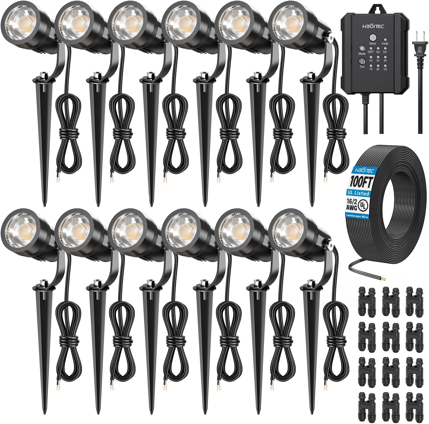 HIBOITEC All-in-One 5W Low Voltage Landscape Lights, 12 Pack LED Landscape Lighting Kit with Transformer, 100FT Wires and Connectors, Waterproof Outdoor Spot Lights for House Yard Trees Garden, 5000K