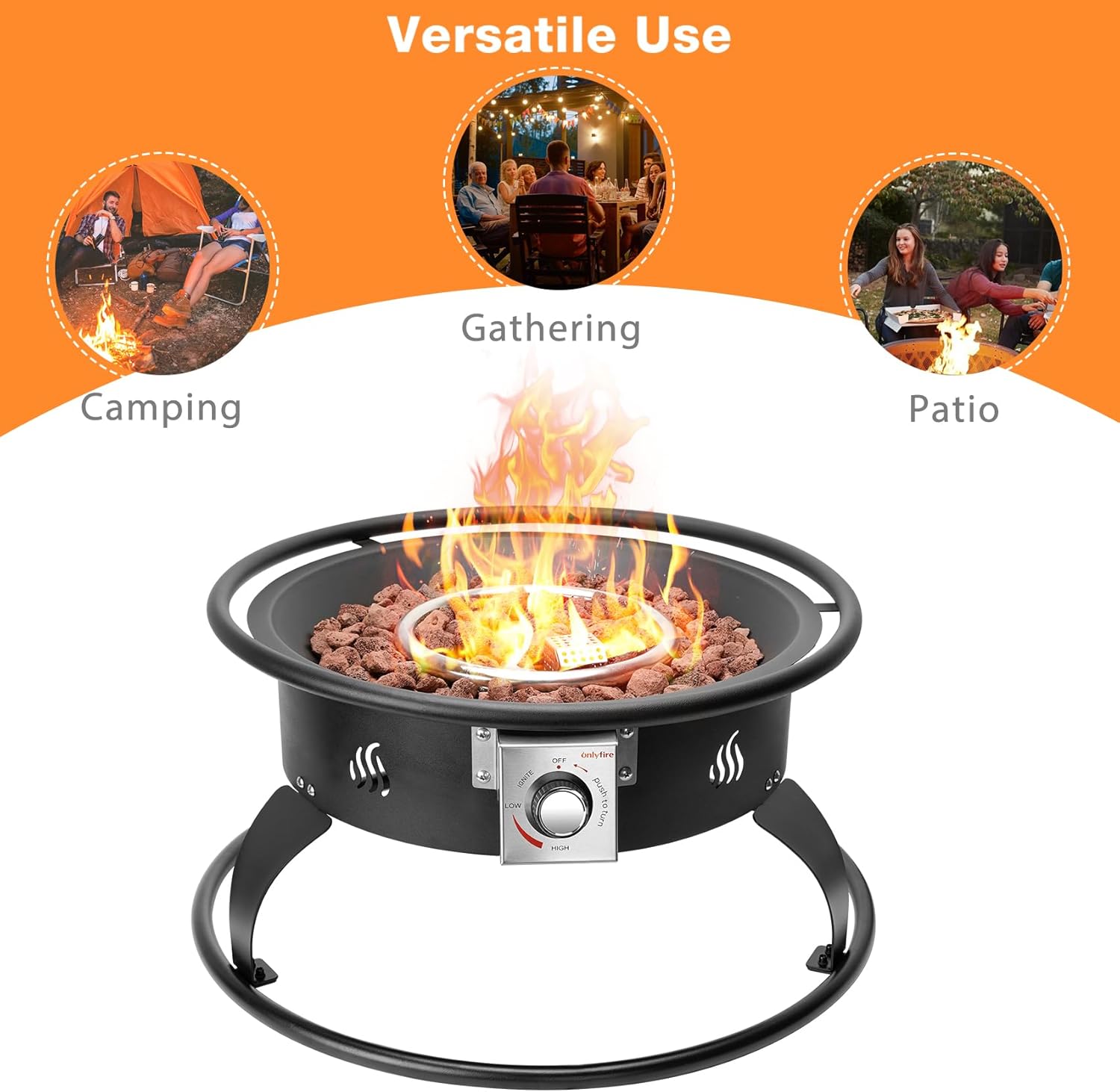 ONLYFIRE OUTDOOR LIVING Propane Gas Fire Pit 22¡±, Portable Smokeless Fireplace with 12Ft Hose & Lava Rocks, FirePit for Patio Backyard Bonfire Camping RV Tailgating Beach Party, 55000BTU, #FP001