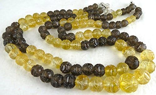2 Line Natural Citrine Smoky Quartz Carved Gemstone Beads Necklace 20 inches 13MM to 7MM