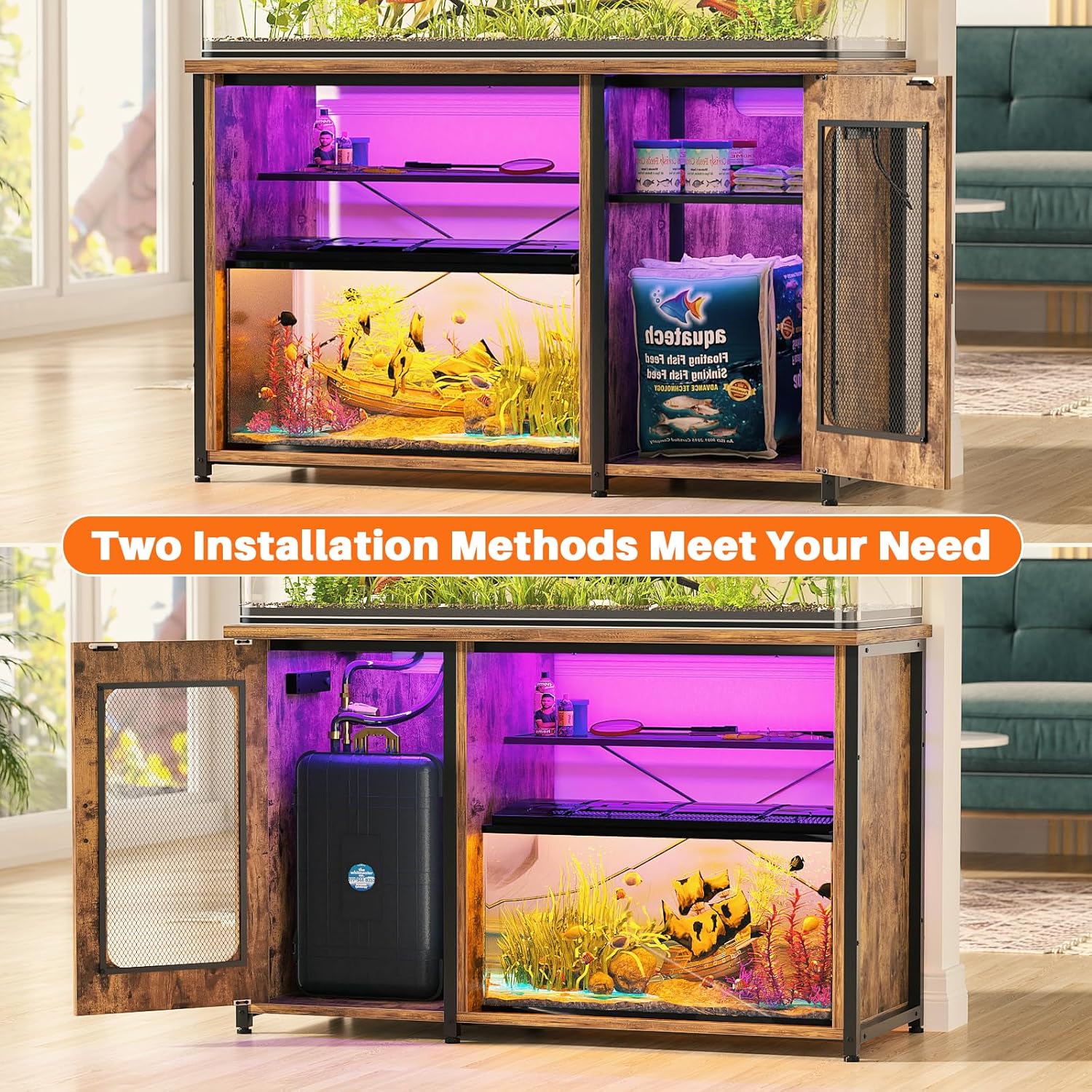 Unikito 55-75 Gallon Aquarium Stand with Power Outlets & LED Light, Reversible Fish Tank Stand with Cabinet for Fish Tank Accessories Storage, Heavy Duty Metal Frame, 880LBS Capacity, Rustic Brown