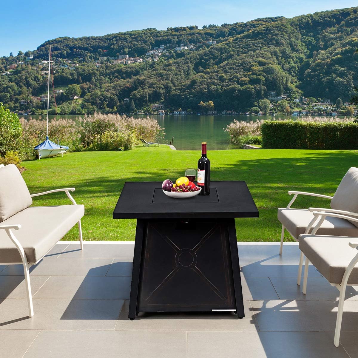 Giantex Gas Fire Table, 30 Inch Square Firepit Table 50,000BTU Fire Pits Tables w/Waterproof Cover, ETL and CSA Certification Patio Auto-Ignition Propane Heater Fireplace Table w/Lava Rock (Black)