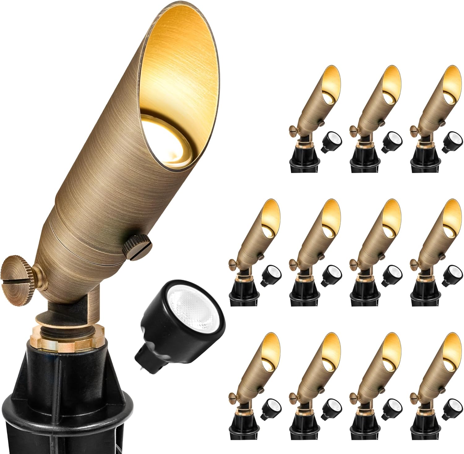 GKOLED Low Voltage Solid Brass LED Spotlight, Outdoor Waterproof Landscape Lighting with MR8 Bulb, Adjustable Uplights with Stake for House Garden Trees Lawn Patio Yard Fence, 3W 12V 180LM 2700K