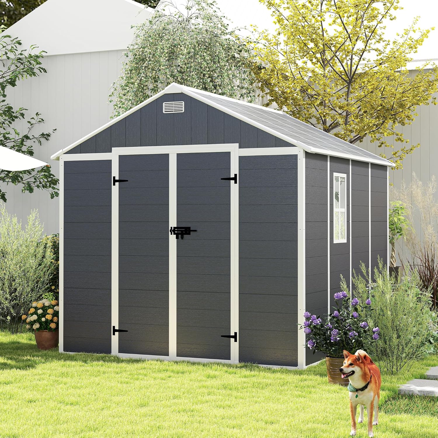 8x8 FT Resin Outdoor Storage Shed,Waterproof Large Storage Space Tool Sheds with Hd Window and 12mm Thick Pp Board,Garden House w/Punched Vents & Locks,for Patio,Lawn,Backyard,Dark Gray