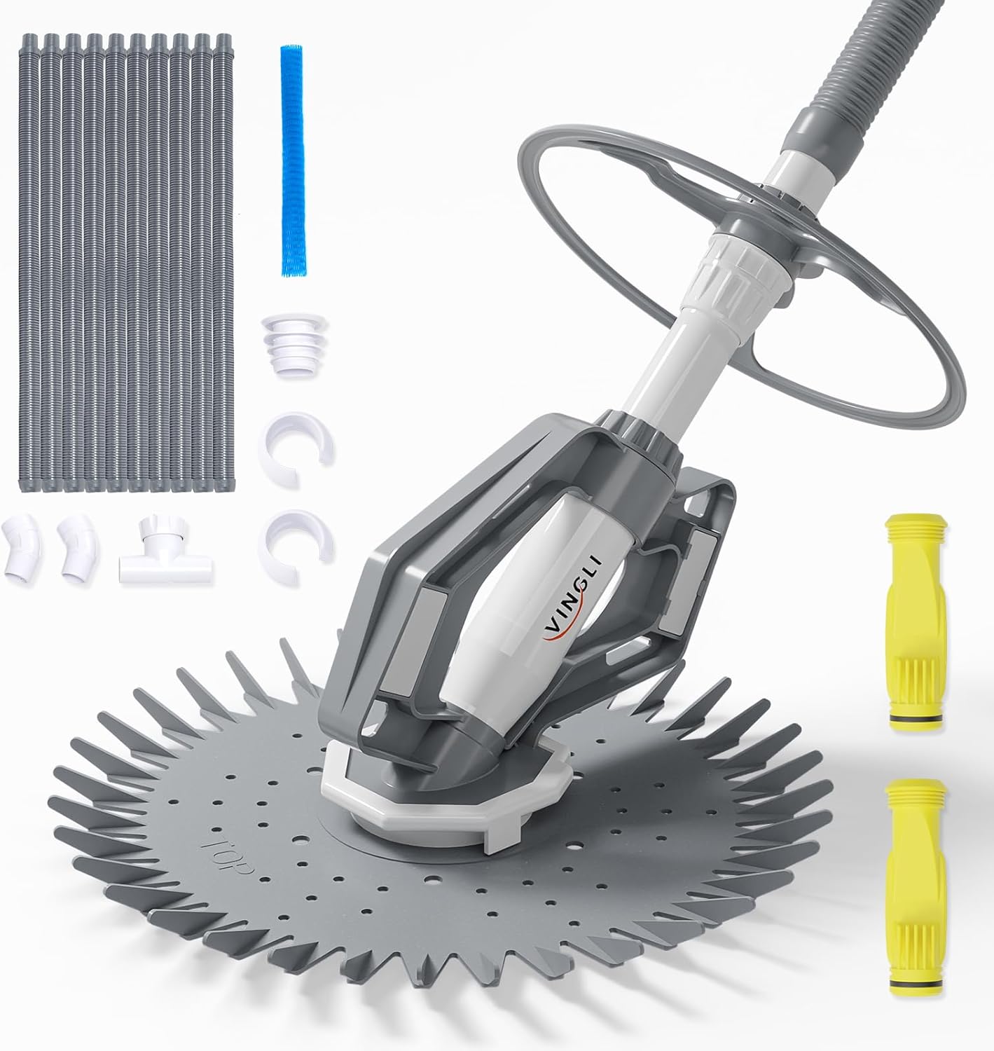 VINGLI Pool Vacuum Above Ground Indoor Outdoor Automatic Swimming Pool Cleaner Sweep Sweeper with 33FT Hoses (Light Gray)