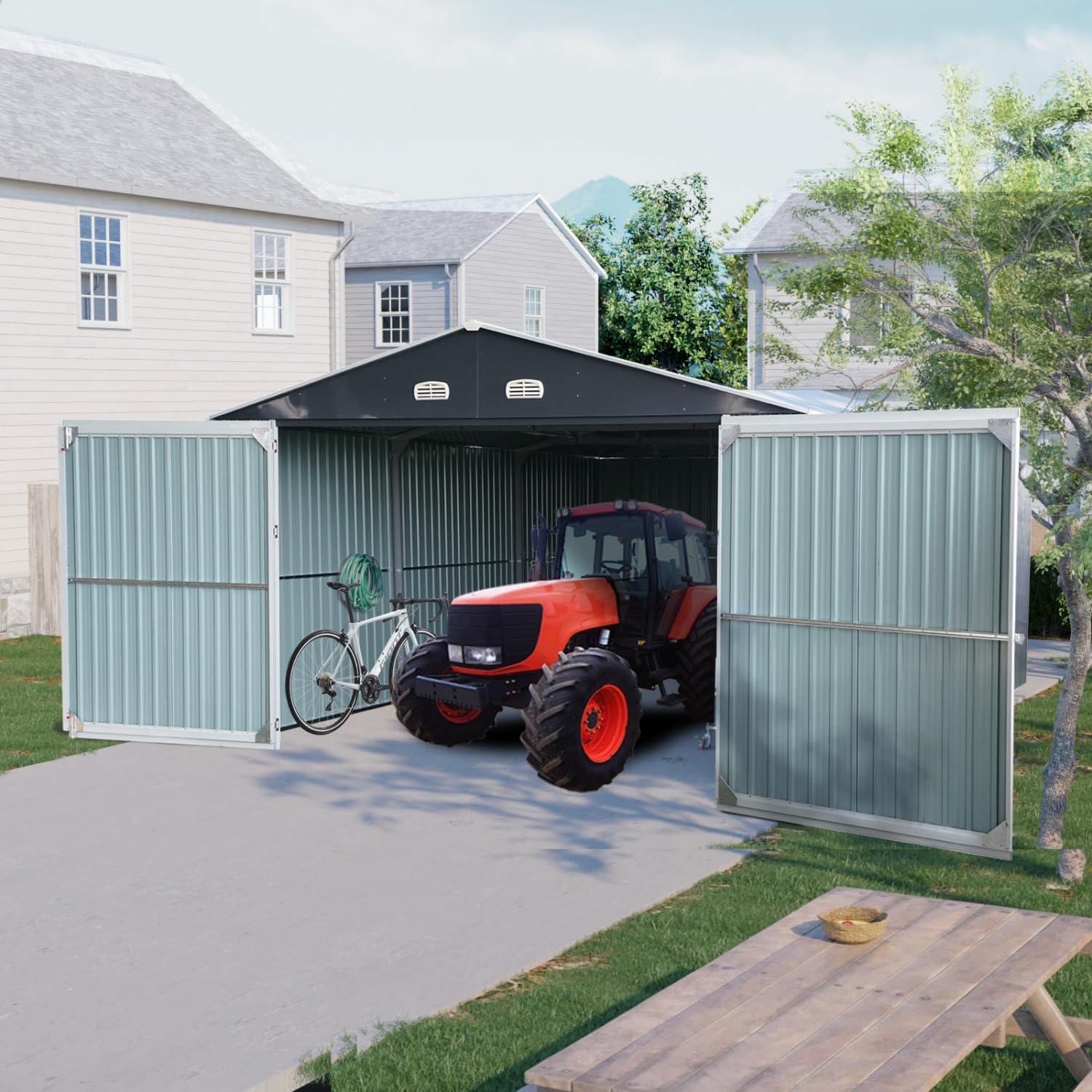 20X13 Ft Outdoor Storage Shed Metal Garage Shed for Car, Bike, Lawnmower Black Extra Spacious Shed Backyard Tool House Building 2 Doors and 4 Vents