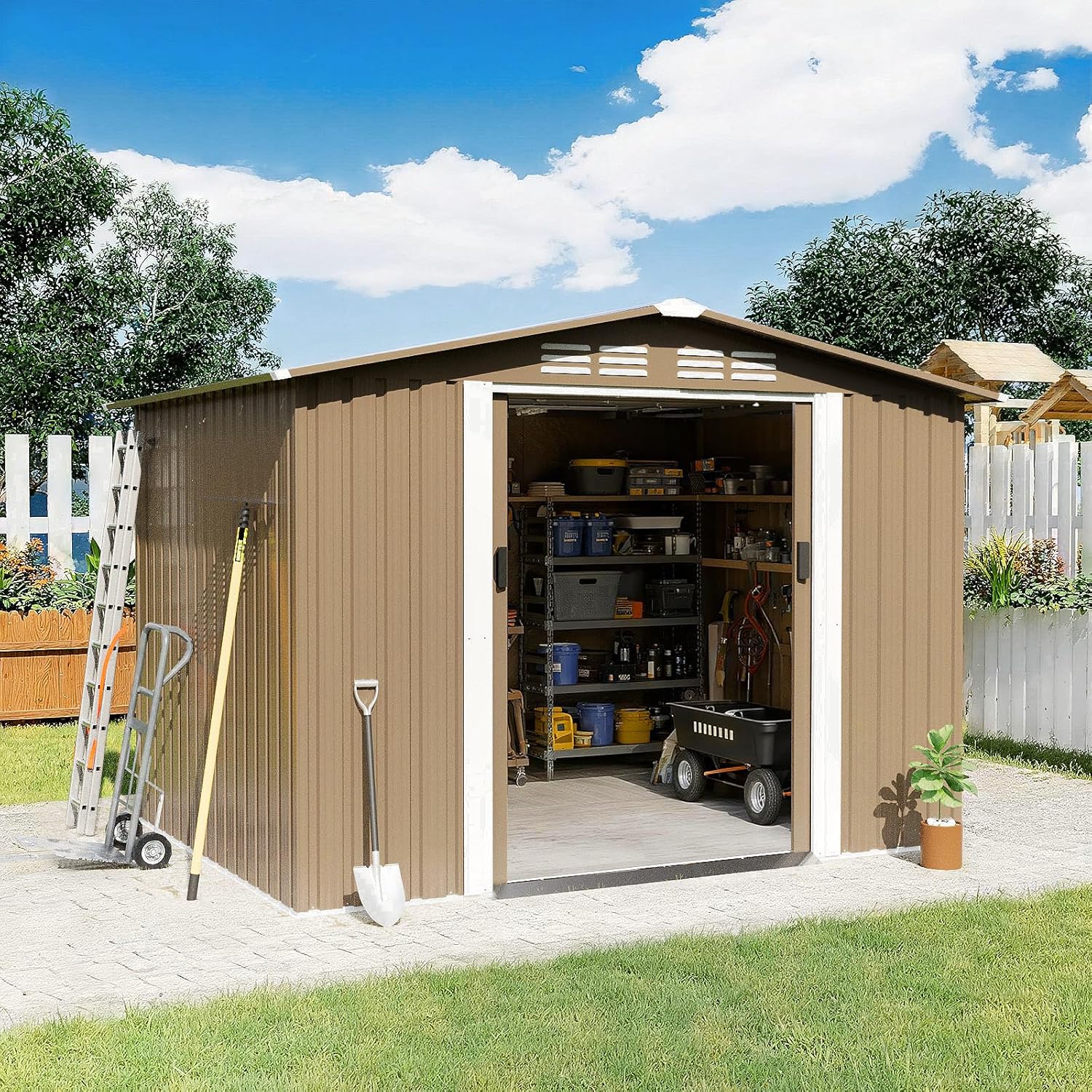 Gotland 8FT x 6FT Sheds & Outdoor Storage, Metal Shed with Sloped Steps Waterproof Sloped Roof, Storage Shed with 2 Lockable Slide Doors, Outdoor Shed for Backyard Patio Lawn Brown