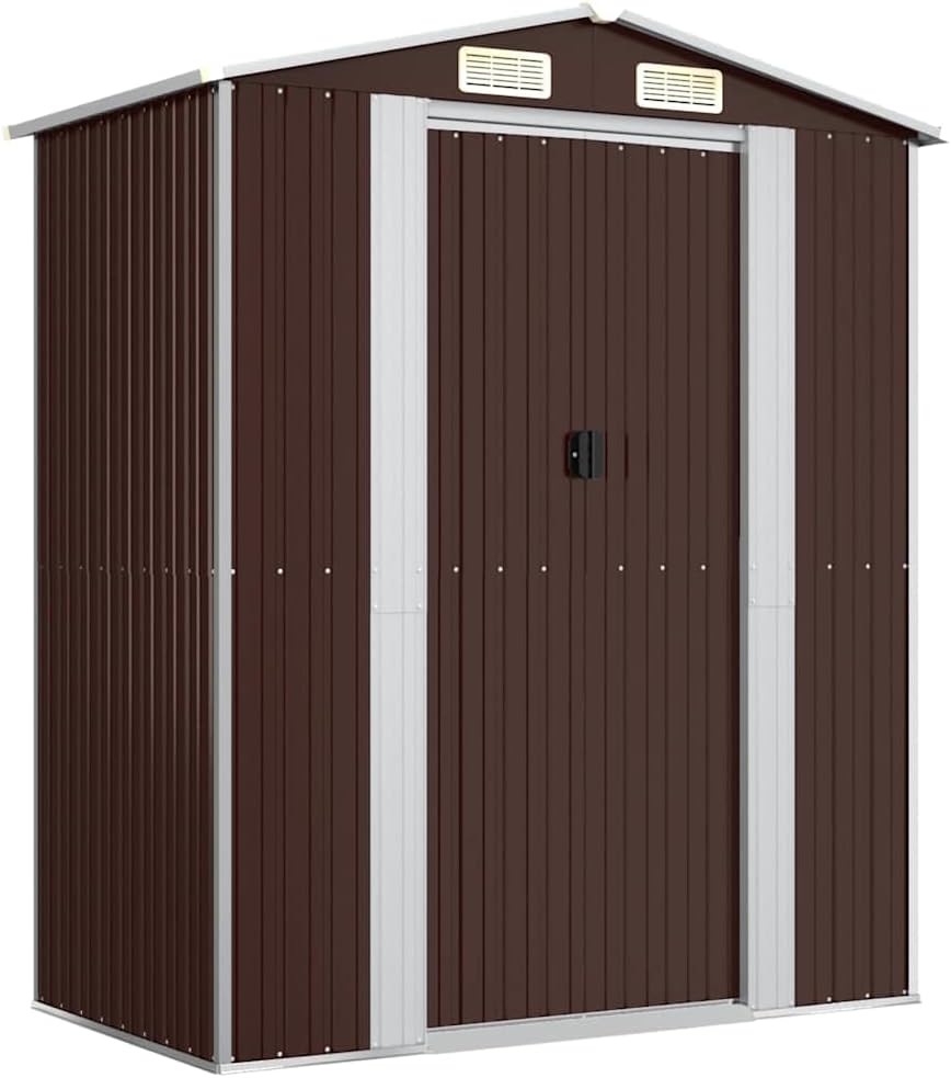 vidaXL Galvanized Steel Dark Brown Garden Shed – Spacious Outdoor Storage for Garden Equipment, Tools, and Pool Accessories with Sliding Door and Ventilation System