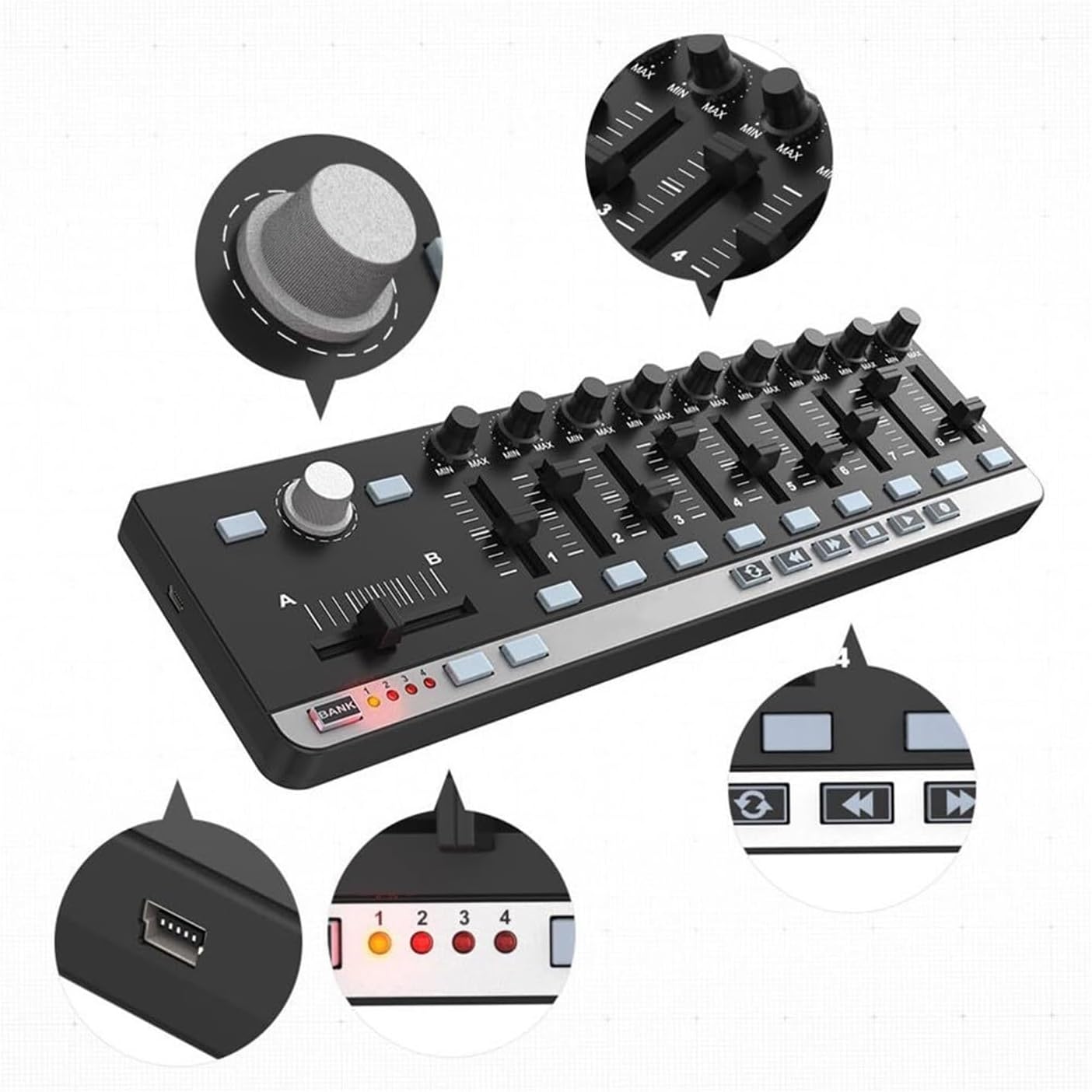 Portable Mini USB Slim-Line MIDI Controller with 9 Control Knobs, Plug-and-Play for Music Production Applicable to Ableton Live FL Studio Logic Pro
