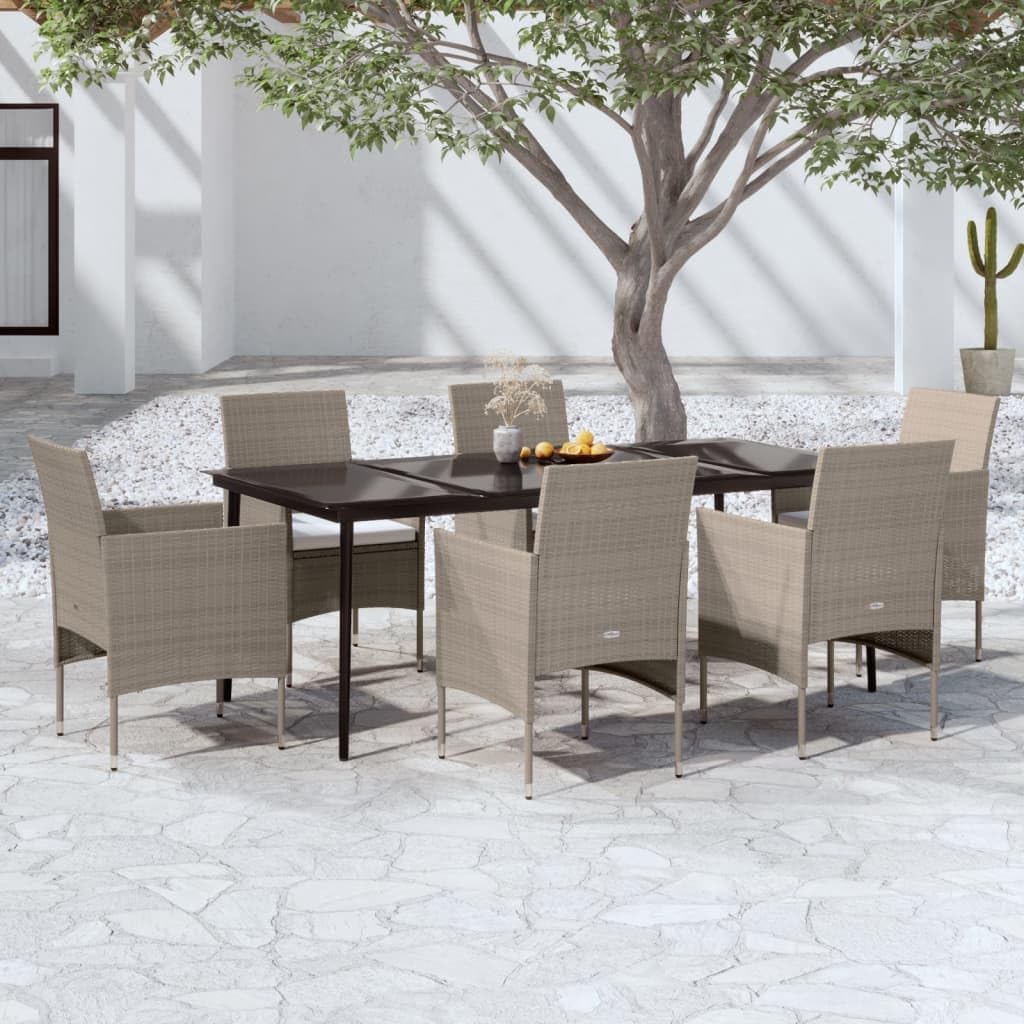 7 Piece Garden Dining Set, Beige Black PE Rattan Powder-Coated Steel Frame, Rectangular Outdoor Table and Chairs with Cushions, Patio Furniture for Balcony Terrace