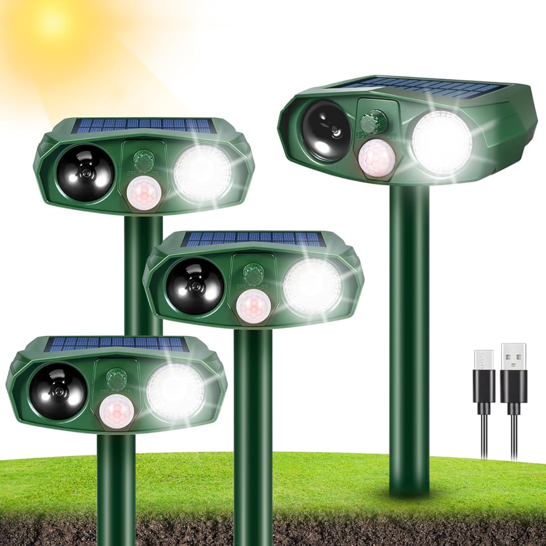 4Pack Solar Ultrasonic Cat Repellent Outdoor Animal Repellent with Flash Light&USB Charge Waterproof Animal Deterrent Devices Deer Repellent Devices for Rabbit Squirrel Skunk Repellent for Yard