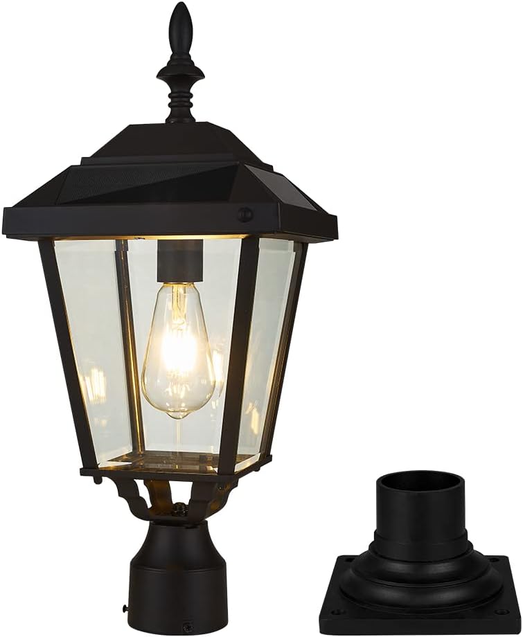 Solar Lamp Post Light Outdoor Waterproof,Solar Post Light Outdoor with 5.9in Pier Mount Base,Suitable for Gardens,Courtyards,Walkways,Matte Black,9in