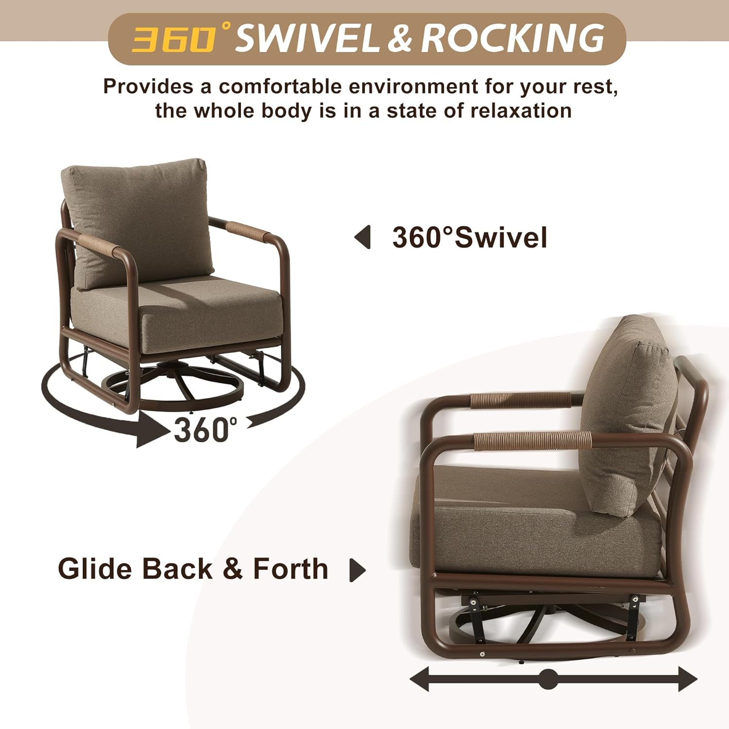 Outdoor Aluminum Patio Furniture Set, 5-Seats Patio Conversation Sofa Set with 2 Swivel Rocking Chairs and Oversized Fire Pit Table w/Glass Wind Guard, All Weather for Balcony, Garden-Brown