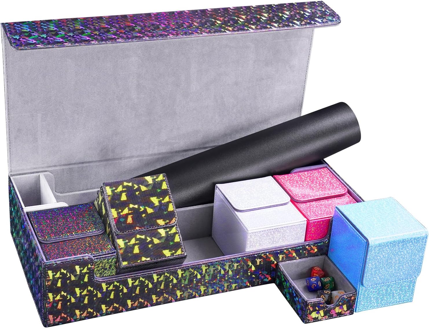 Dmoicols Card Deck Box with 5 Small Boxes and Play Mat,Premium Leather Large Card Storage Box Holds up to 1000+ Cards,TCG/MTG Deck Box for Magic Yugioh Game Trading Cards(Sparkly Black Kit)