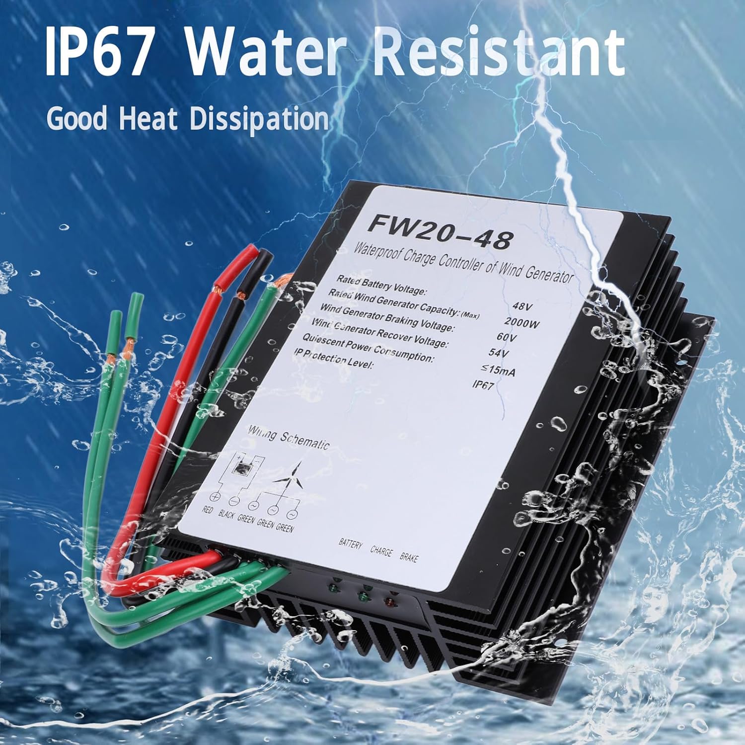 Pilipane MPPT Wind Turbine Charge Controller IP67 Water 48V Automatic Controller for 2000W Wind Turbine Generator Aluminum Shell 15x13.3x5cm