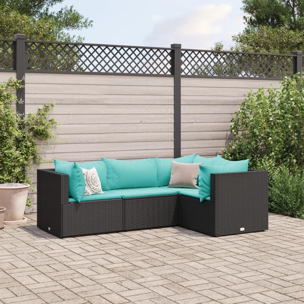 4 Piece Patio Lounge Set with Cushions Black Poly Rattan,Outdoor Lounge Set with Comfortable Cushions Durable PE Rattan and PowderCoated Steel Frame Furniture Sets for Patio, Lawn & Garden