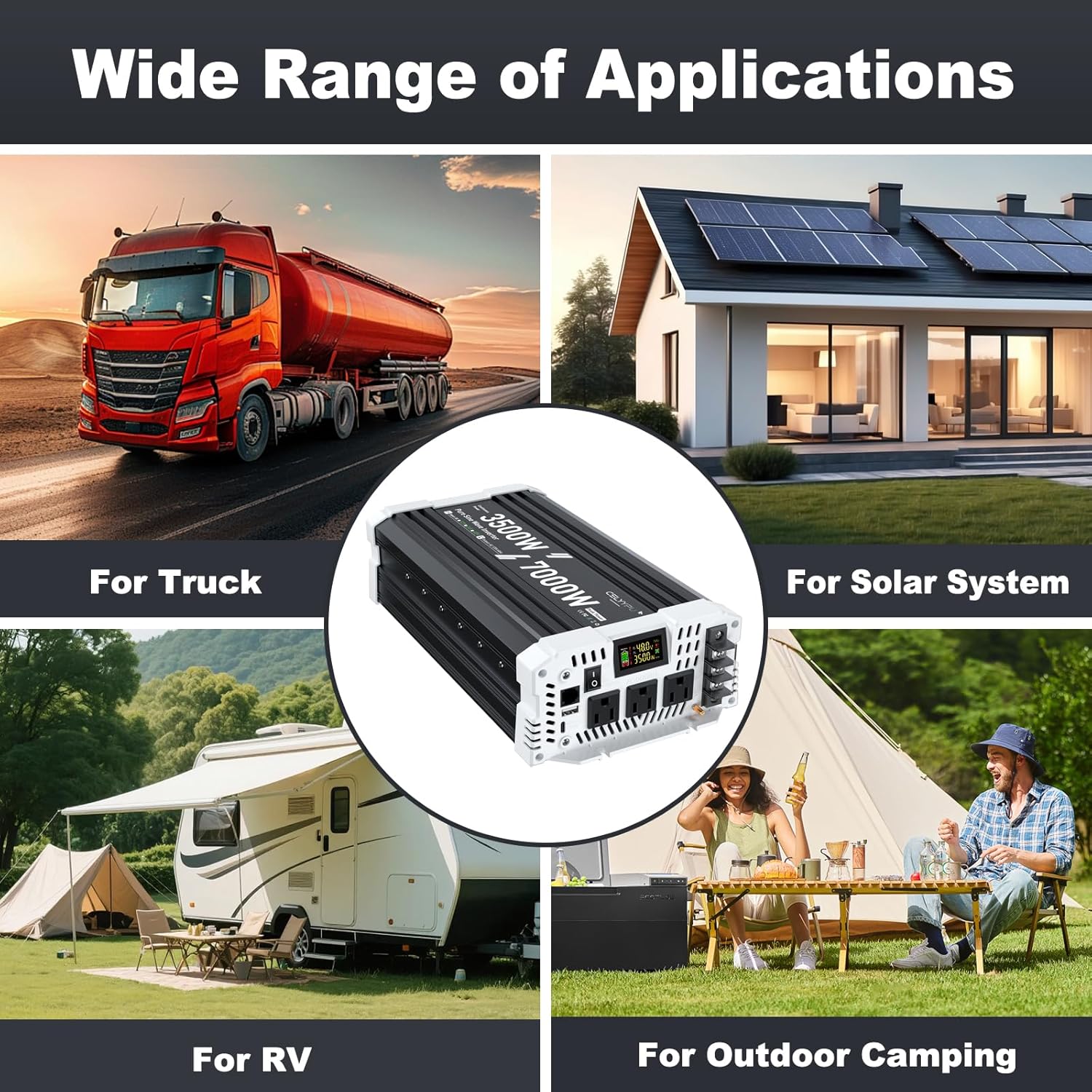 3500 watt Pure sine Wave Inverter, 48V DC to 110V AC Power Inverter, with 3 AC Output sockets, USB Port, Type-C Port, Remote Control with LCD Screen, Used for Solar Emergency Power Supply in RV Homes