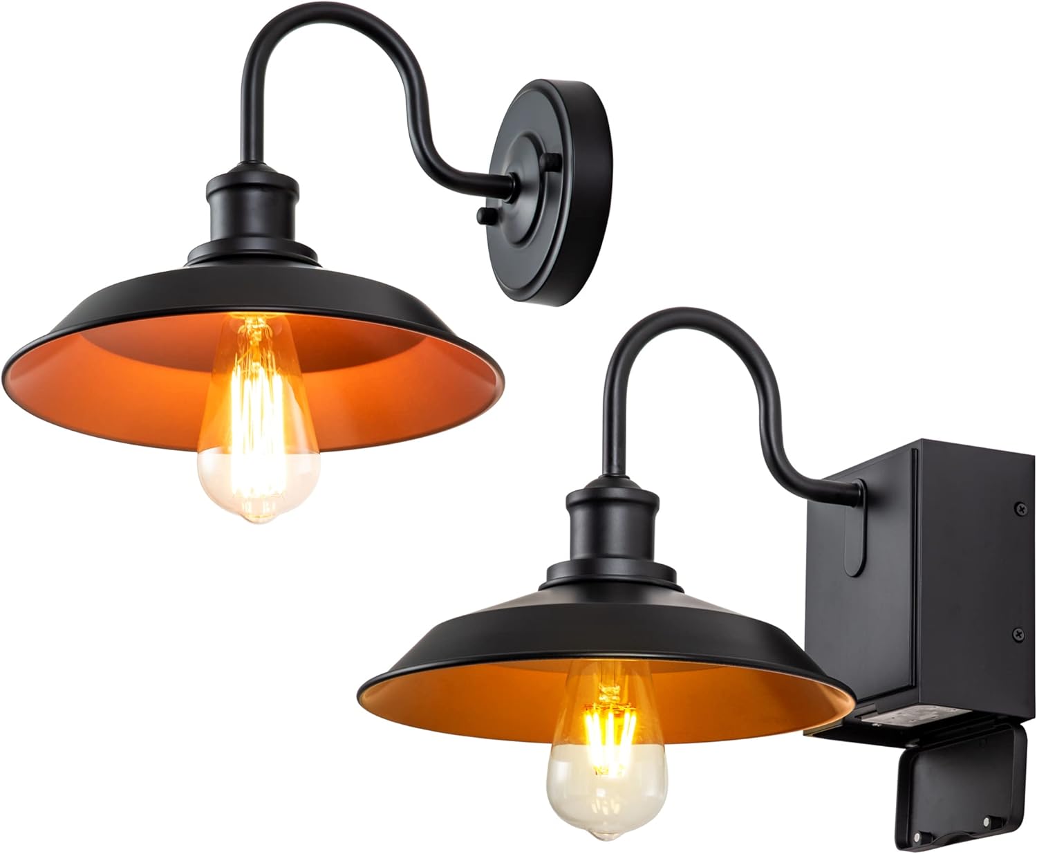 Outdoor Light with GFCI Outlet, Black Porch Light, Waterproof Exterior Barn Wall Lights Fixture with Plug, Farmhouse Sconce Wall Mount, Outside Lights for House, Garage, Patio, 2-Pack