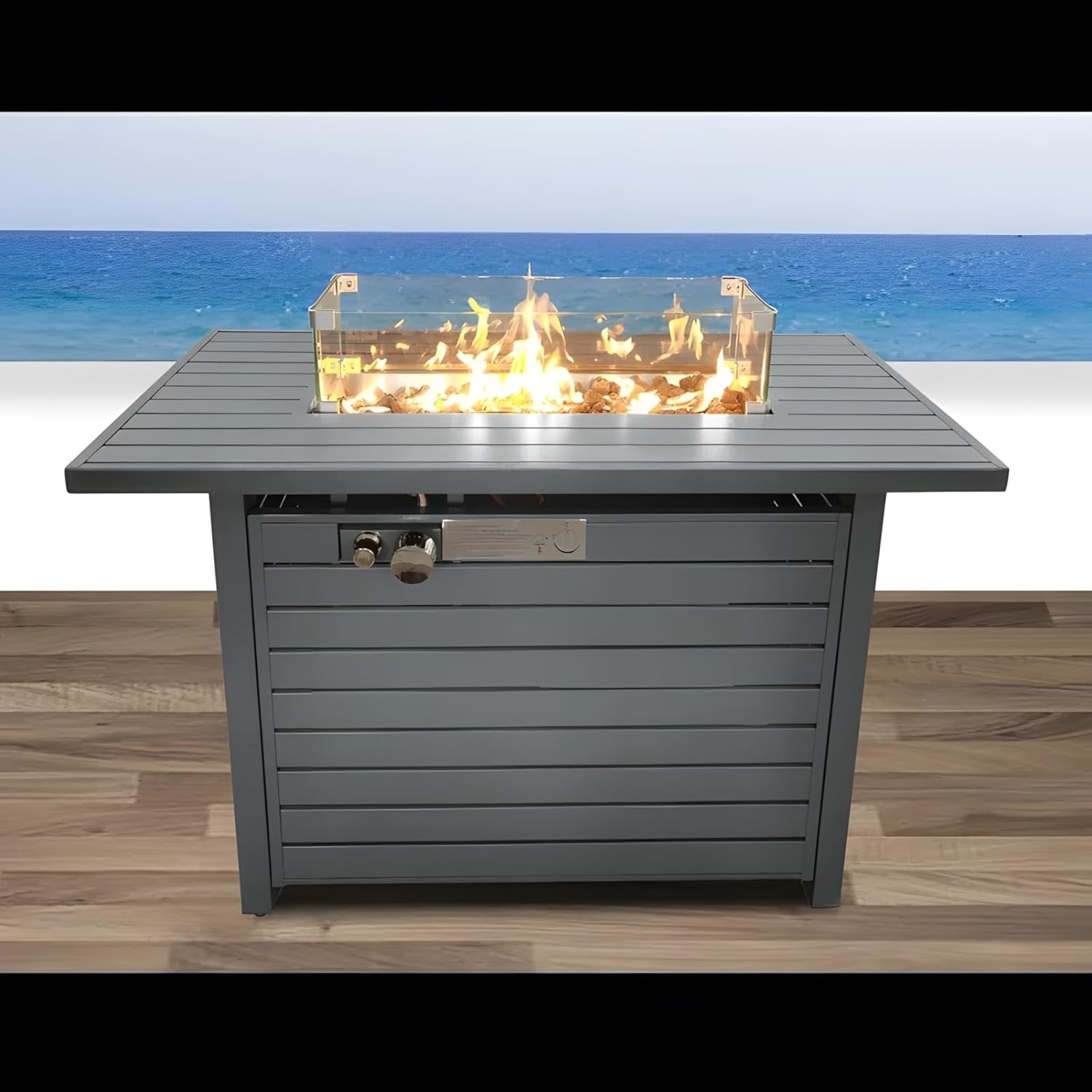 Penau 25 Inch H x 42 Inch W Steel Propane Fire Pit Table for Outdoors with Cover and Gas Conversion, Modern Grey Design, Adjustable Flame Height, Stone Filler