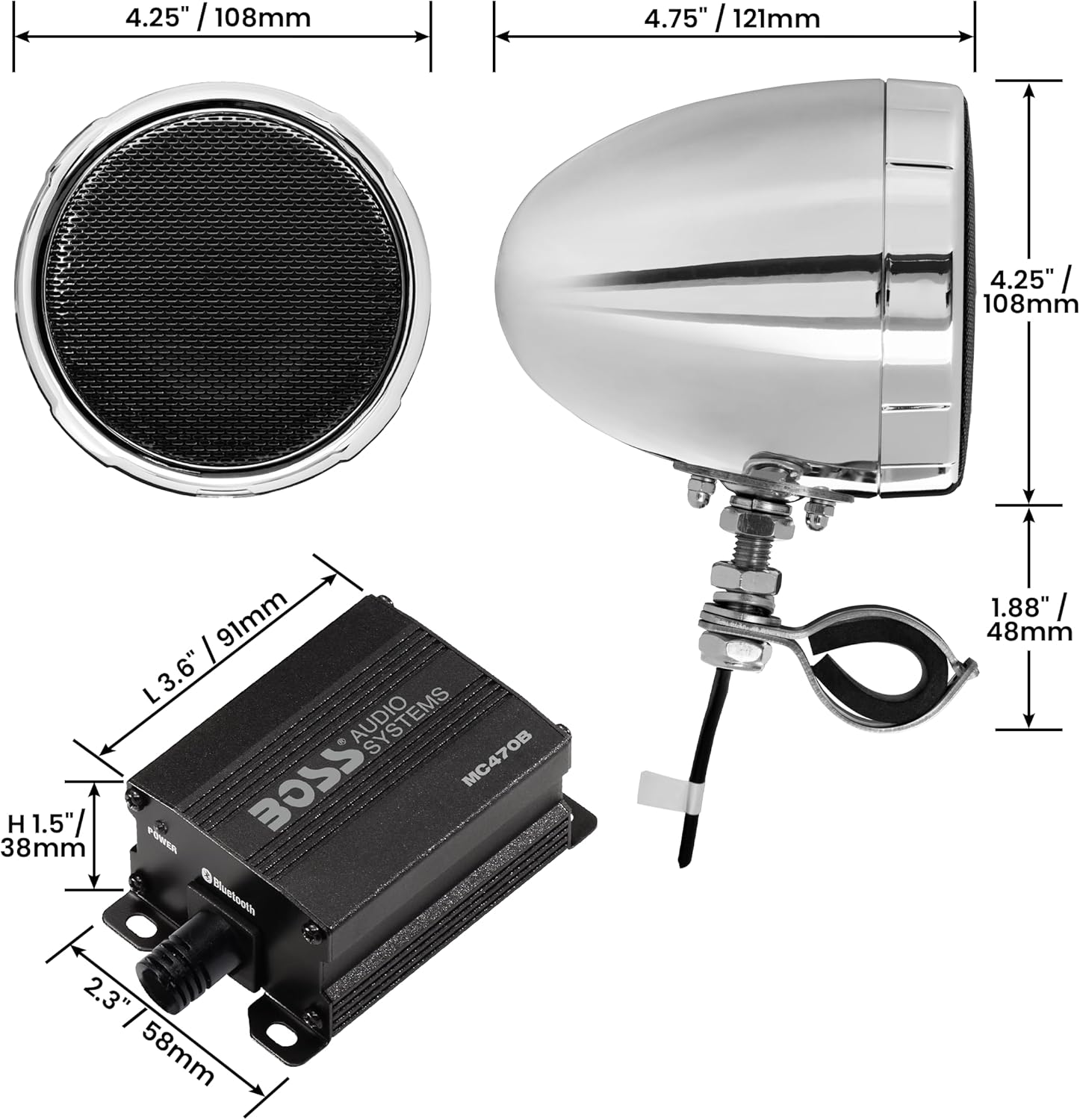 BOSS Audio Systems MC470B 3 Inch Motorcycle Full Range Speakers and Amplifier Sound System - Bluetooth 2 Channel Amplifier, Weatherproof, Volume Control, ATV UTV Compatible