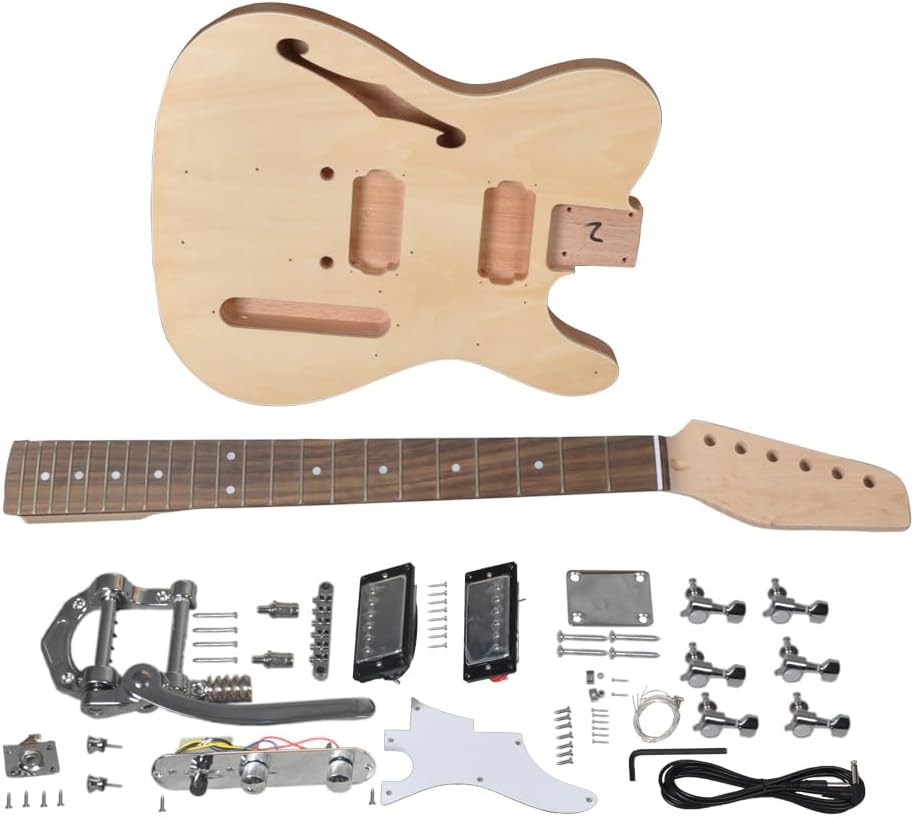 RSW DIY Electric Guitar Kit, Semi-Hollow Body DIY Electric Guitar Builder Kit Project Mahogany Unfinished New Single Cutaway