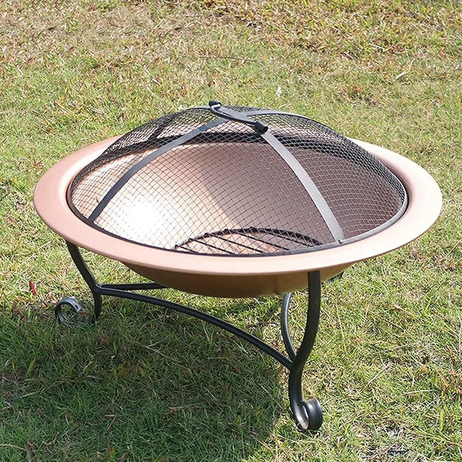 Garden Fire Pit Grill Bowl Grill Barbecue Rack Outdoor Fire Pit Bowl,Round Fire Pit Wood Burning,Patio Firebowl with Spark Screen-20 Inch Fire Bowl with Metal Tripod,Rose Gold Color