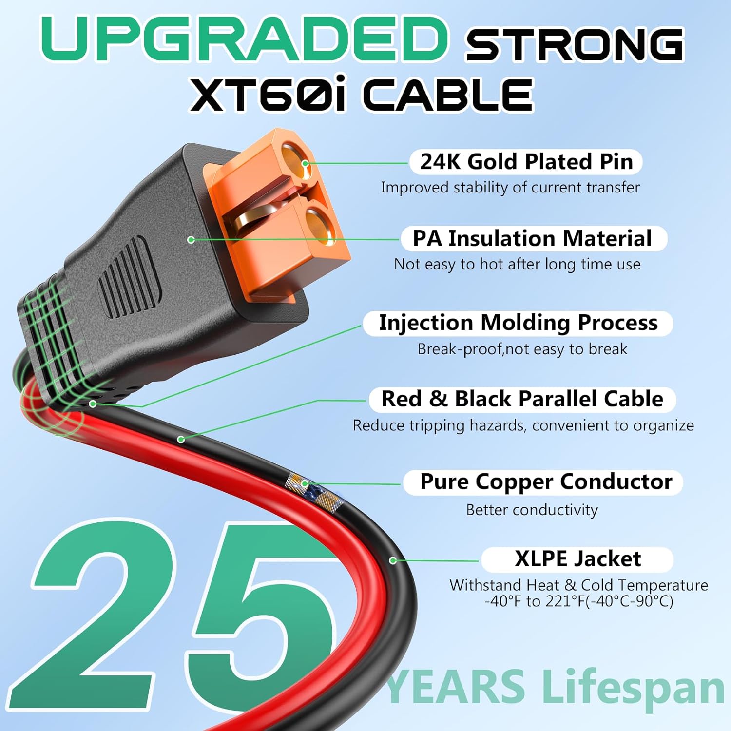 10AWG XT60i Solar Cable 50FT, XT60i Cable to Solar Connector, Solar Panel Connector to XT60i Extension Cable, XT60i Solar Charging Cable for Portable Power Station