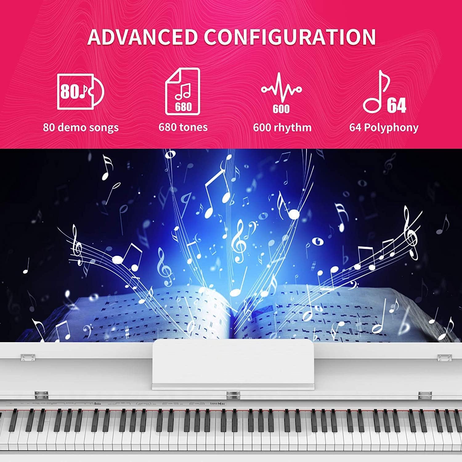 Setting 88-Key Weighted Digital Piano, Electric Upright Piano 3-Pedal Unit Board, LCD Screen, Multi-Functional Full Size Adapter Beginner/Adult (White without Piano Bench), 53.5 x 29.9 x 12.2 Inch