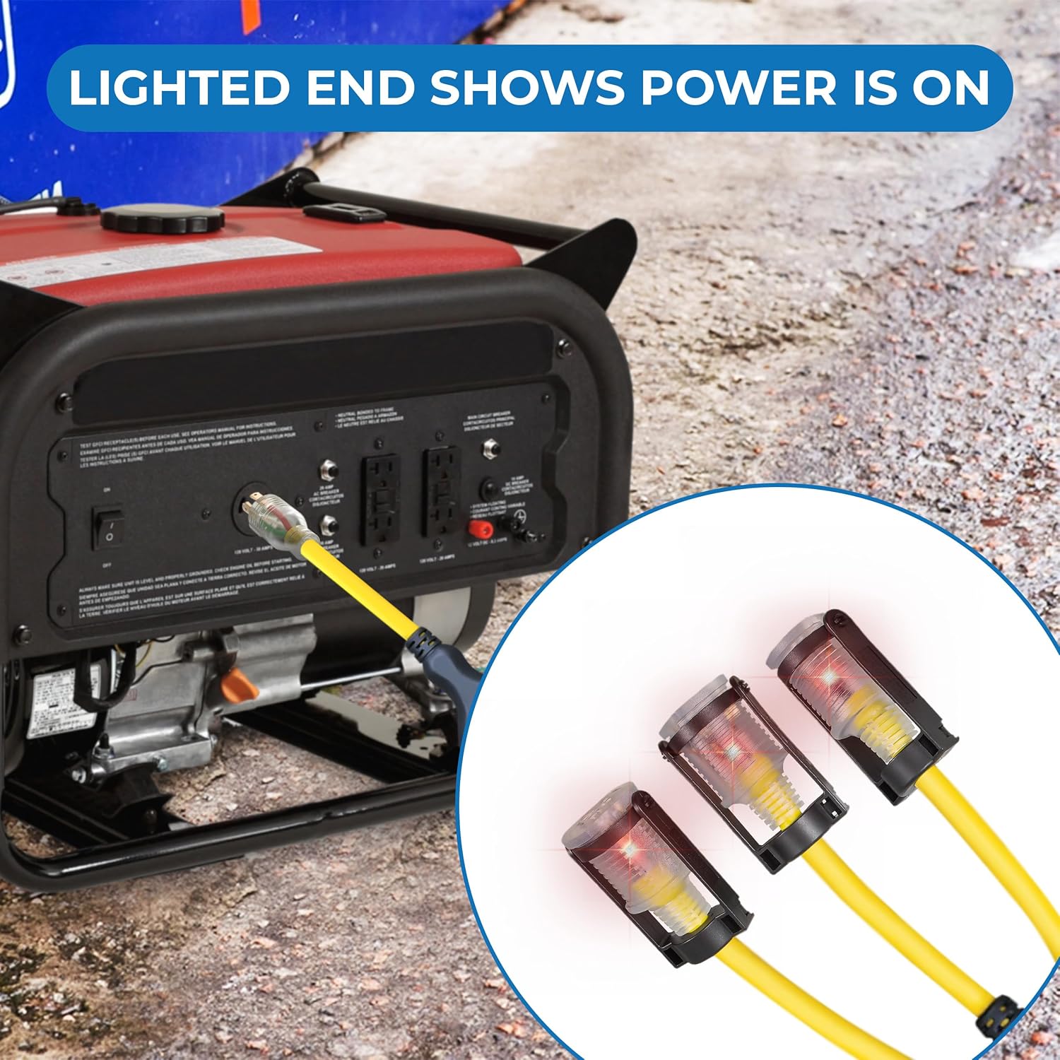 OHLECTRIC 2 Feet Yellow Extension Cords with Lighted End – Lighted Generator W Adopters with E-Zee Lock Connectors - Converts Single L14-30 Plug into Three 5-20 receptacles