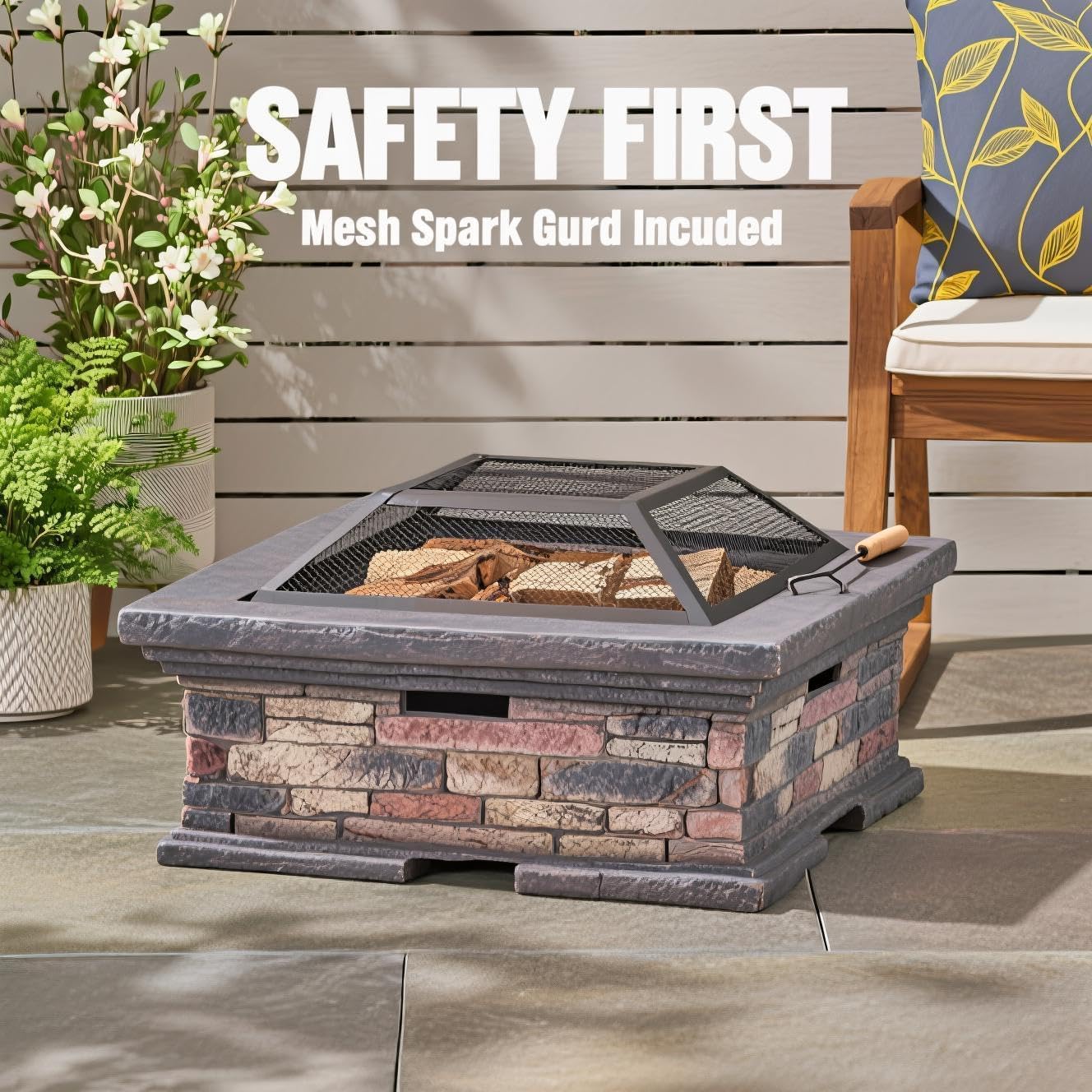 29 Inch Fire Pits for Outside Wood Burning, MGO Square Firepits for Outside, Wood Burning Fire Pit for Camping, Garden, Backyard, Bonfire Party, Stone Gray