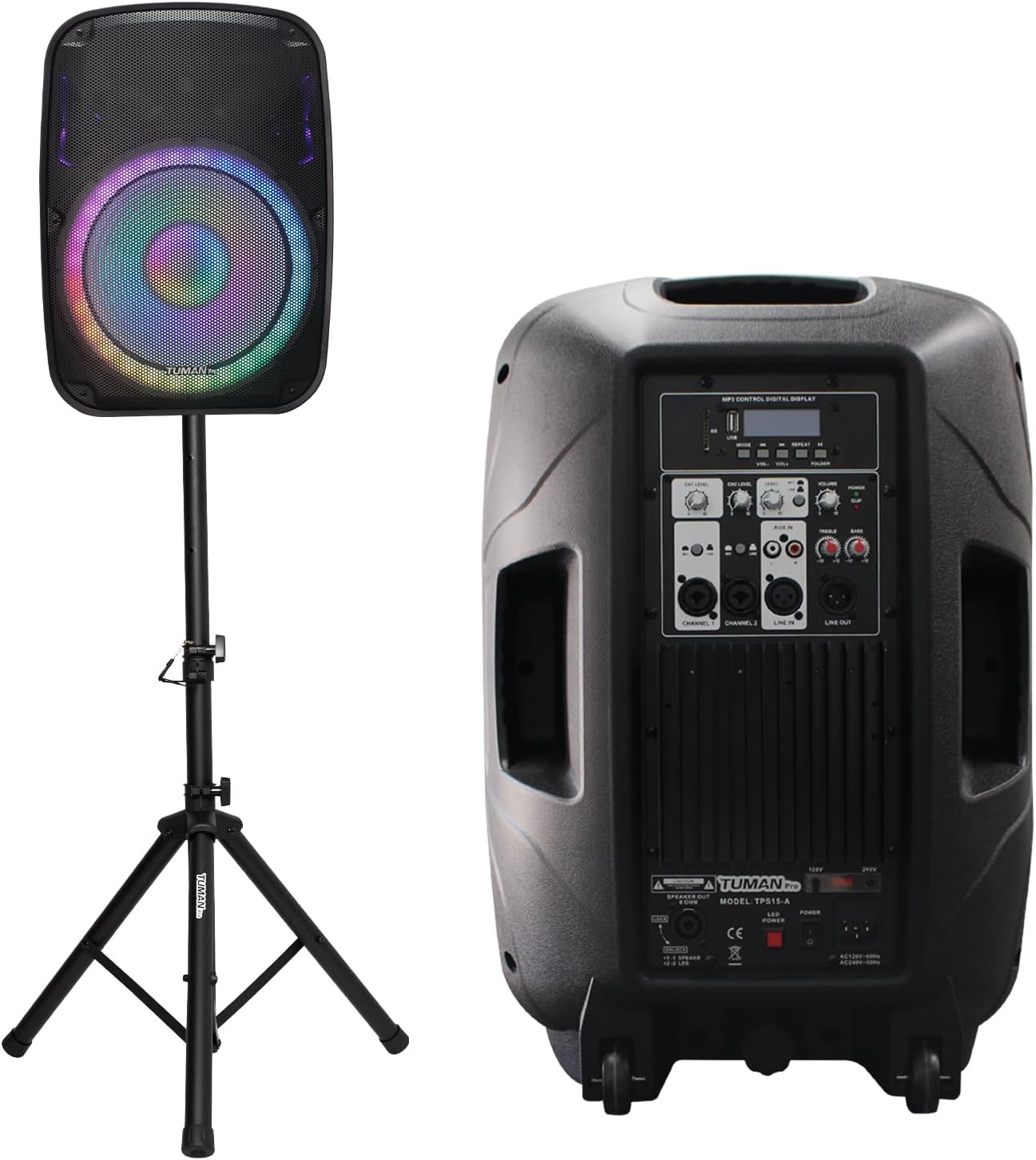 Portable 15-Inch PA Speaker System DJ Amplified Loud Speaker with Stand Bluetooth/USB/SD Card Reader/FM Radio/Remote Control/LED Light, Good for Churches, Bands, Parties